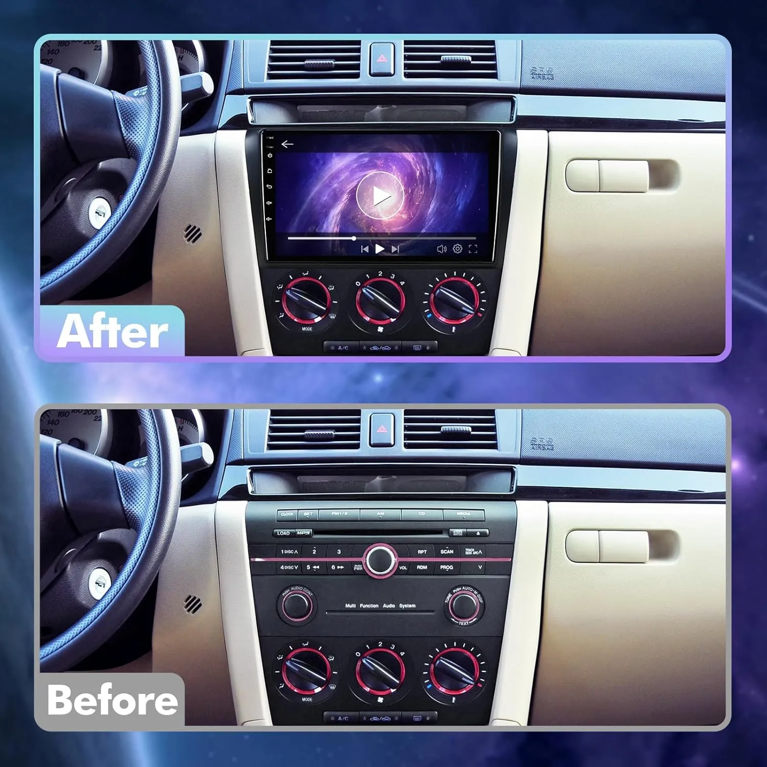1 32G Android 13 Double Din Car Stereo for Mazda 3 2004-2009 with 9 Inch Touchscreen Radio Built-in Wireless Carplay/Android Auto/GPS/Bluetooth/FM/AUX-in/Steering Wheel Controls/Backup Camera