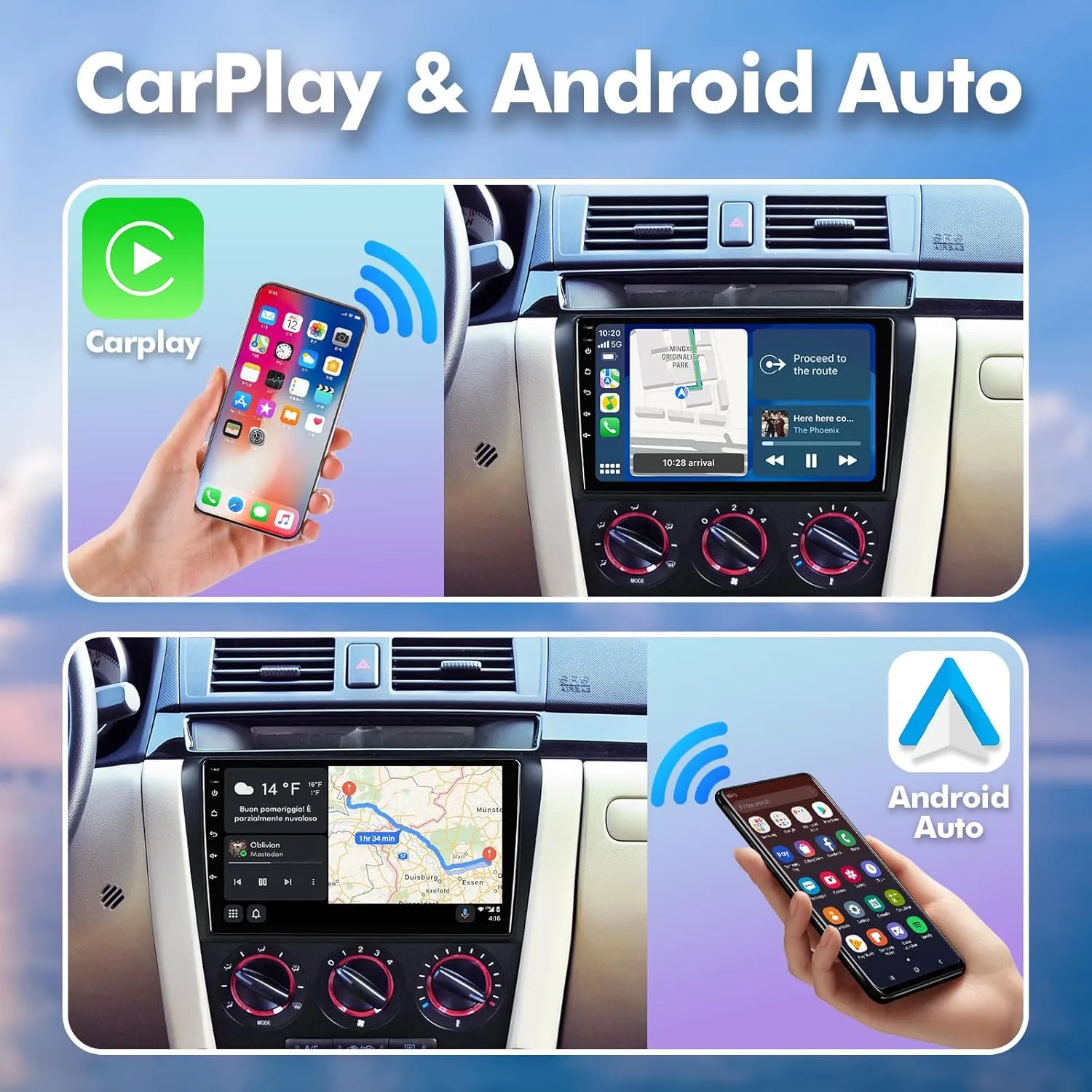 1 32G Android 13 Double Din Car Stereo for Mazda 3 2004-2009 with 9 Inch Touchscreen Radio Built-in Wireless Carplay/Android Auto/GPS/Bluetooth/FM/AUX-in/Steering Wheel Controls/Backup Camera