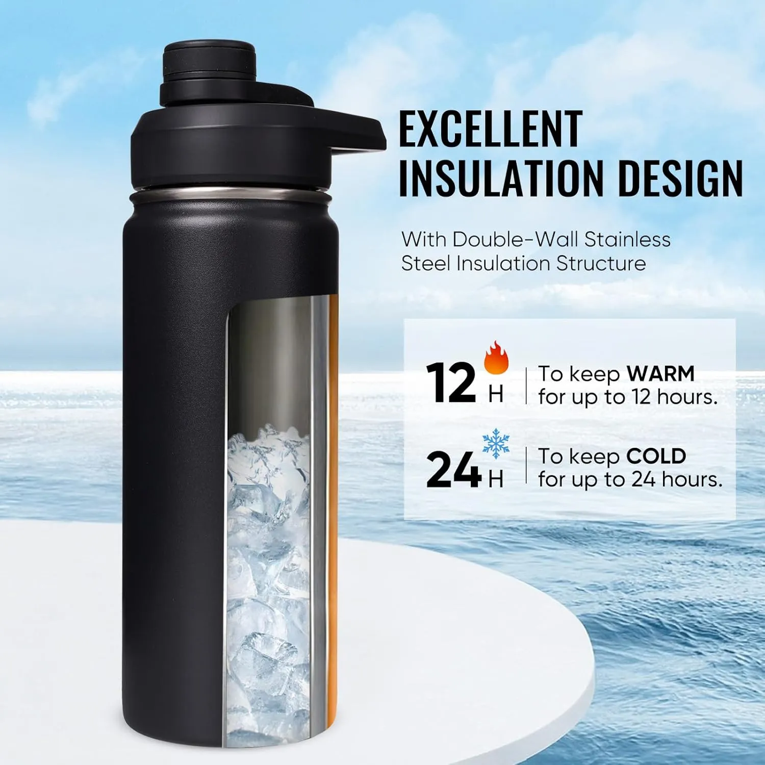 18 oz Insulated Water Bottle with Handle, 304 Stainless Steel Water Bottles with Wide Mouth, Double Wall Vacuum Sports Water Bottle, BPA Free, Keep Cold and Hot, Black