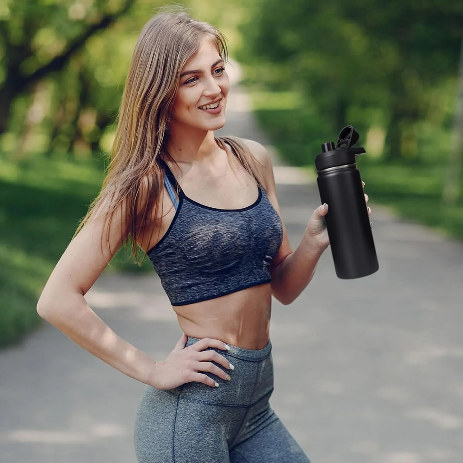 18 oz Insulated Water Bottle with Handle, 304 Stainless Steel Water Bottles with Wide Mouth, Double Wall Vacuum Sports Water Bottle, BPA Free, Keep Cold and Hot, Black