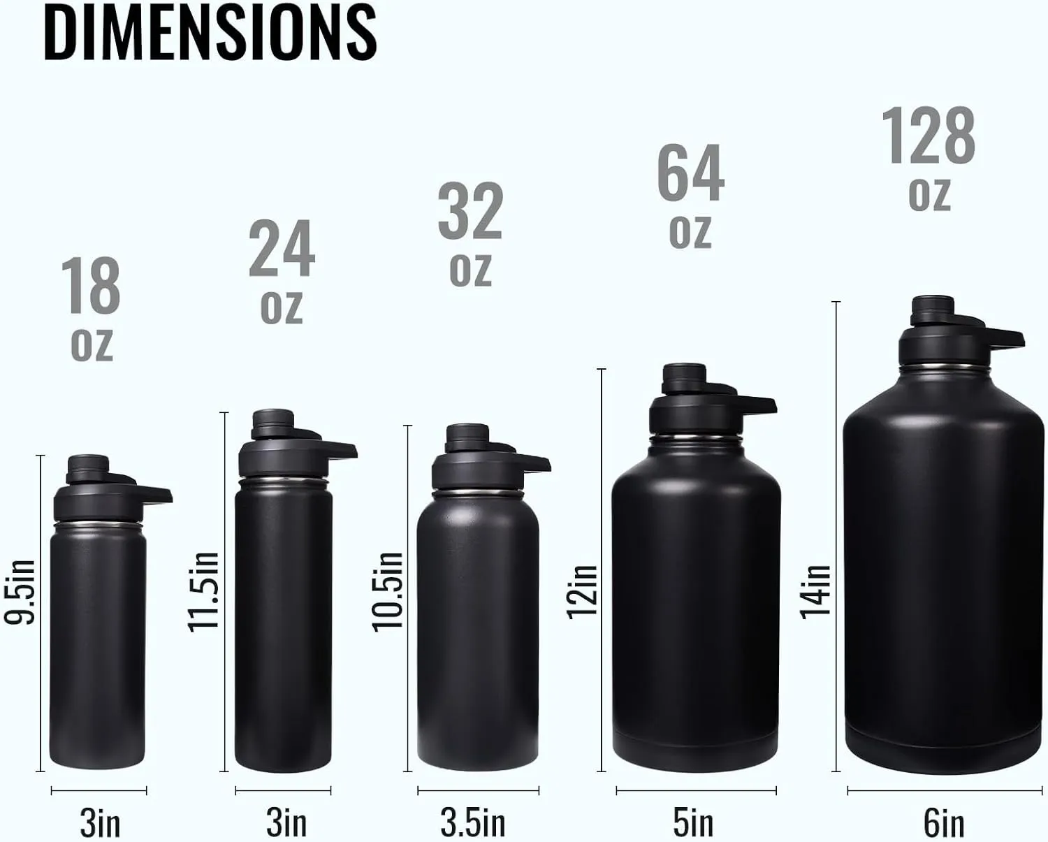 18 oz Insulated Water Bottle with Handle, 304 Stainless Steel Water Bottles with Wide Mouth, Double Wall Vacuum Sports Water Bottle, BPA Free, Keep Cold and Hot, Black