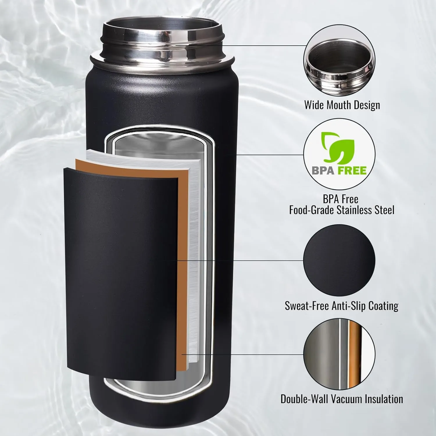 18 oz Insulated Water Bottle with Handle, 304 Stainless Steel Water Bottles with Wide Mouth, Double Wall Vacuum Sports Water Bottle, BPA Free, Keep Cold and Hot, Black