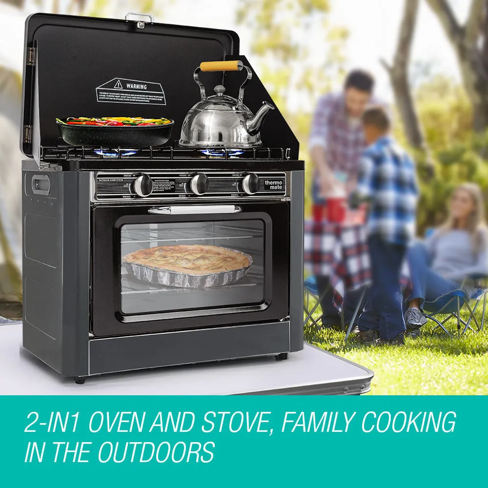 2 Burner Gas Portable Camping Oven Stove Combo Grey - THERMOMATE