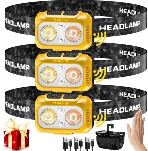 3pcs Lightweight Motion Sensor Red Light Headlamp, 3000 Lux 11 Kinds Modes Energy Saving IPX6 Waterproof Head Lamp, Adjustable Hook Comfortable band Head Light for Camping Hiking Biking Run, Orange