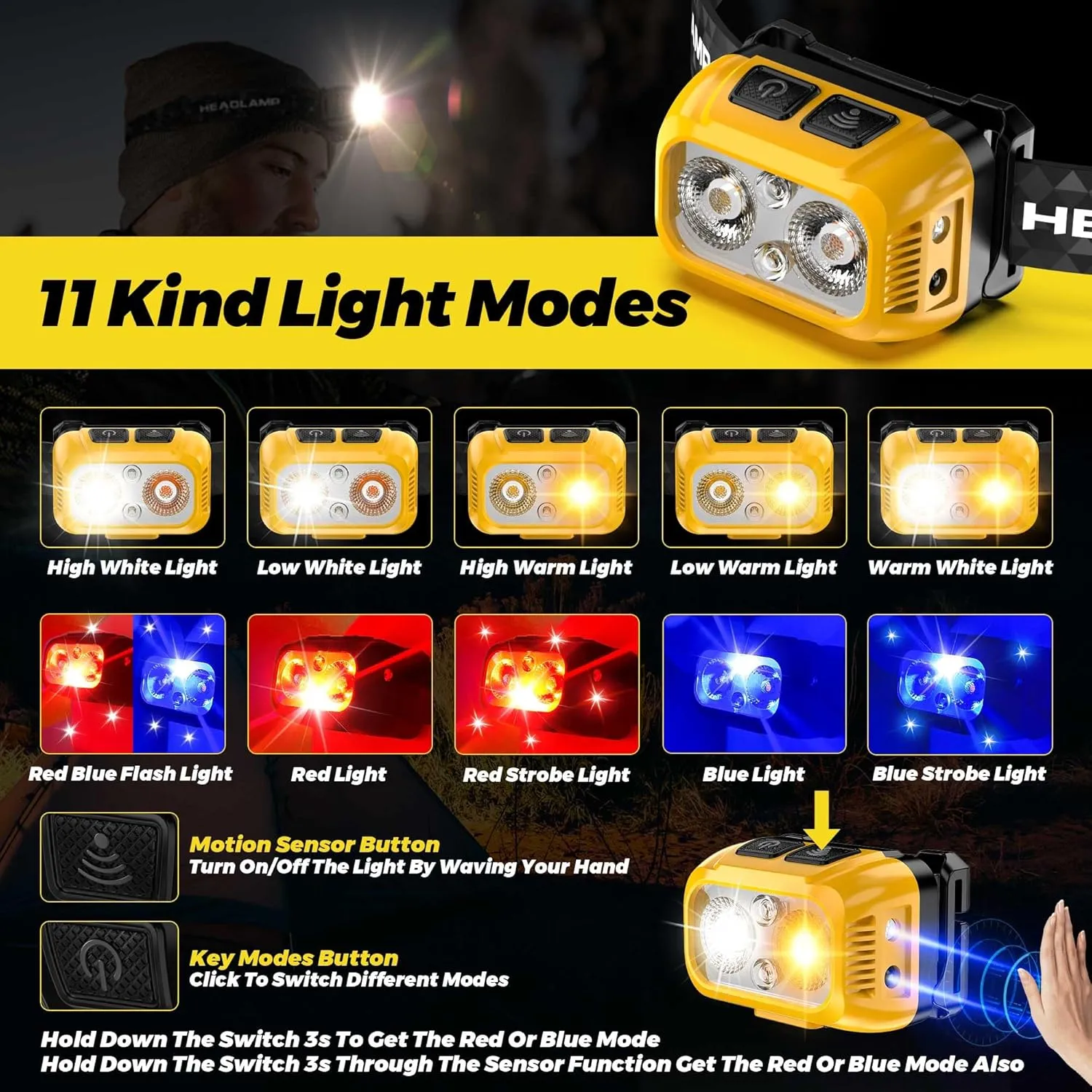 3pcs Lightweight Motion Sensor Red Light Headlamp, 3000 Lux 11 Kinds Modes Energy Saving IPX6 Waterproof Head Lamp, Adjustable Hook Comfortable band Head Light for Camping Hiking Biking Run, Orange