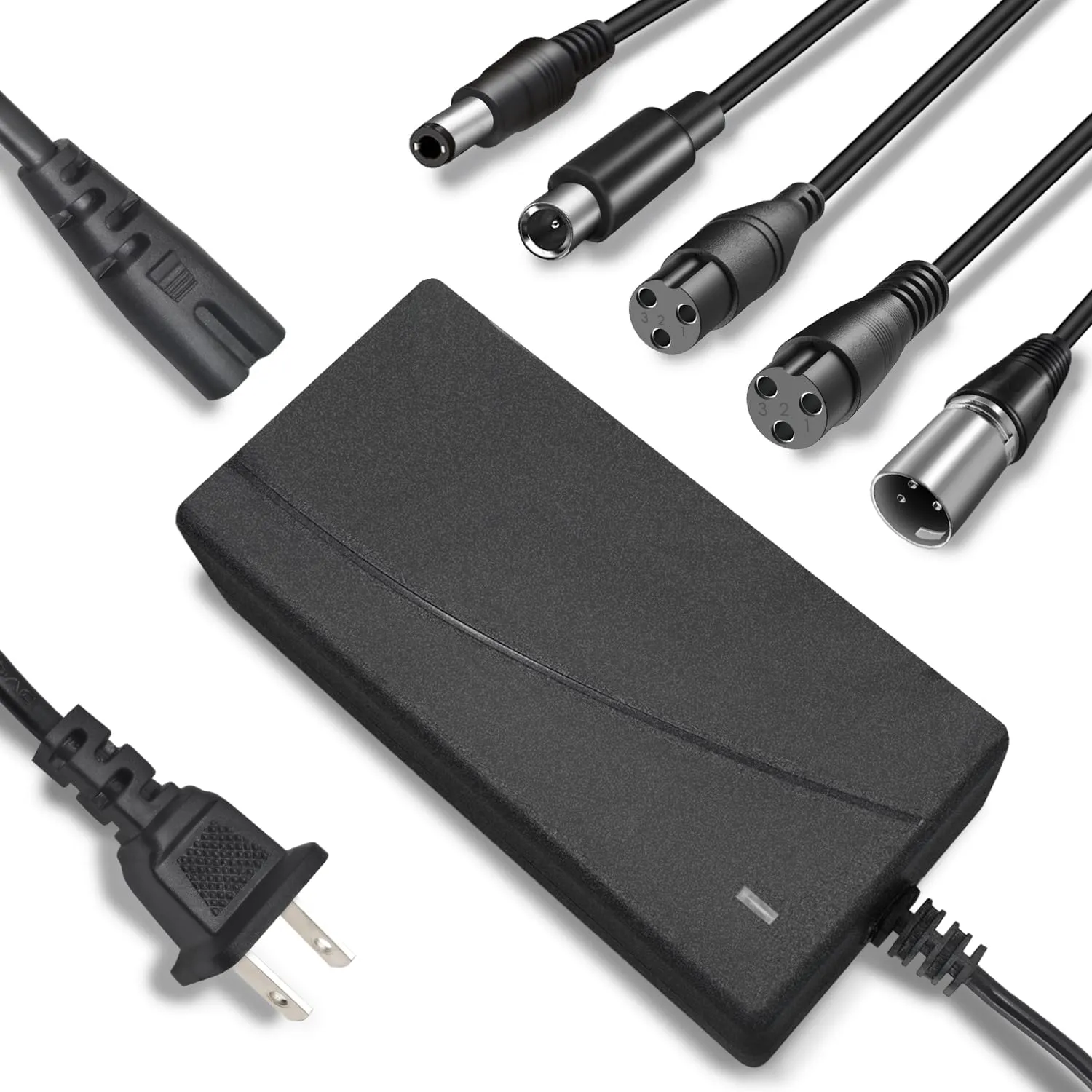42V 2A Charger Universal 5 Plugs Replacement for 36V Lithium Battery, Pack DC 5.5 * 2.1/2.5 with 8mm 3 Prong /12mm 3 Prong /8mm RCA/3-Pin Male XLR Connector, Power Adaptor Supply Cord