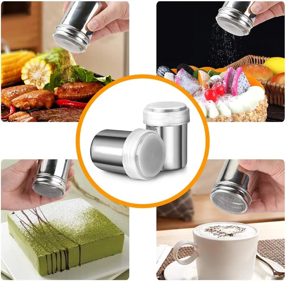 Accmor 2 Pack Powdered Sugar Shaker Duster with Lid, Cinnamon Shaker Flour Sifter, Fine Mesh Stainless Steel Dredge for Baking Soda Flour Cinnamon Cocoa