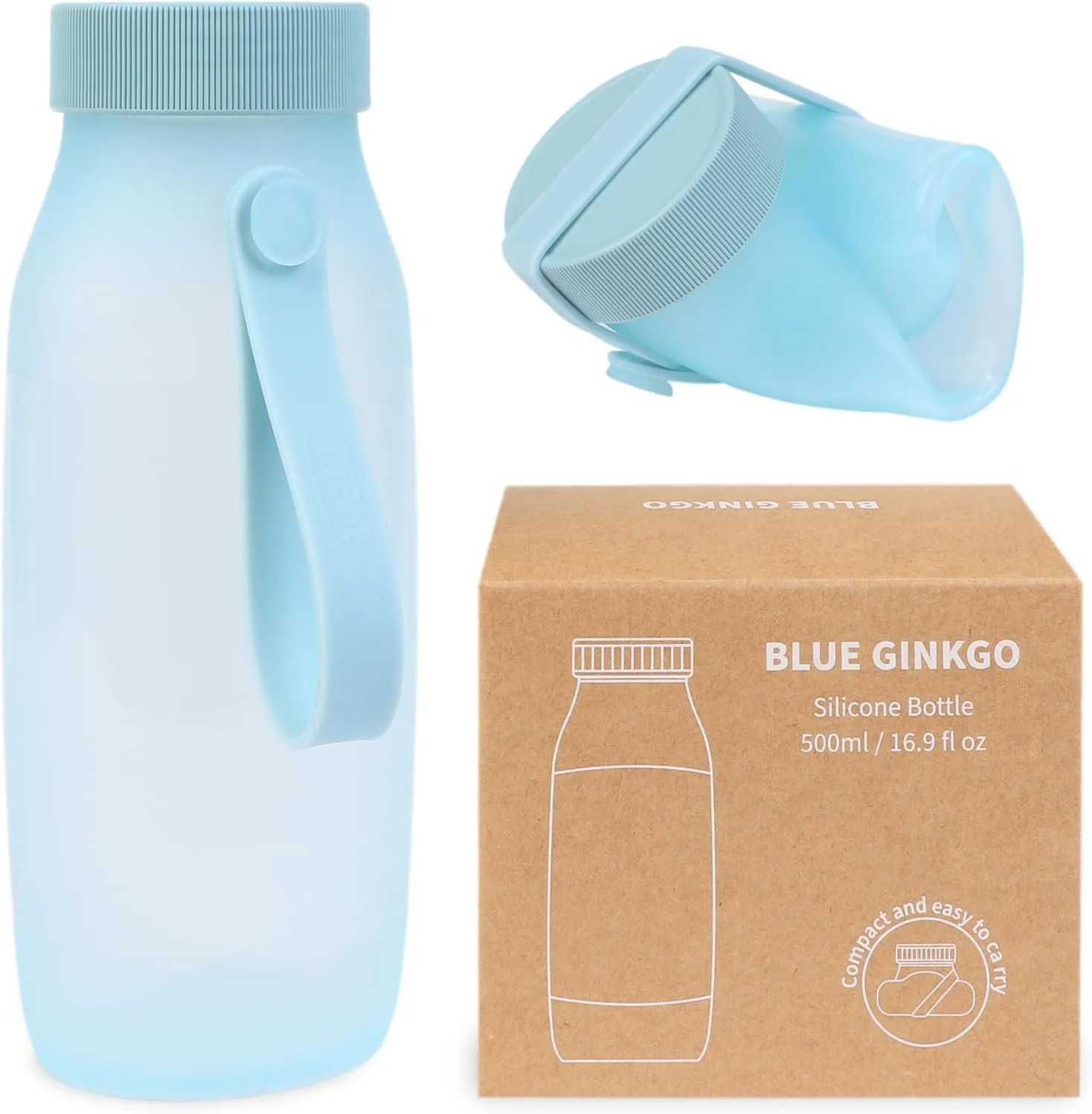 BLUE GINKGO Collapsible Water Bottle  Lightweight, Foldable Silicone Bottle for Travel, Hiking, and Camping (16.9oz, Made in Korea, Blue)