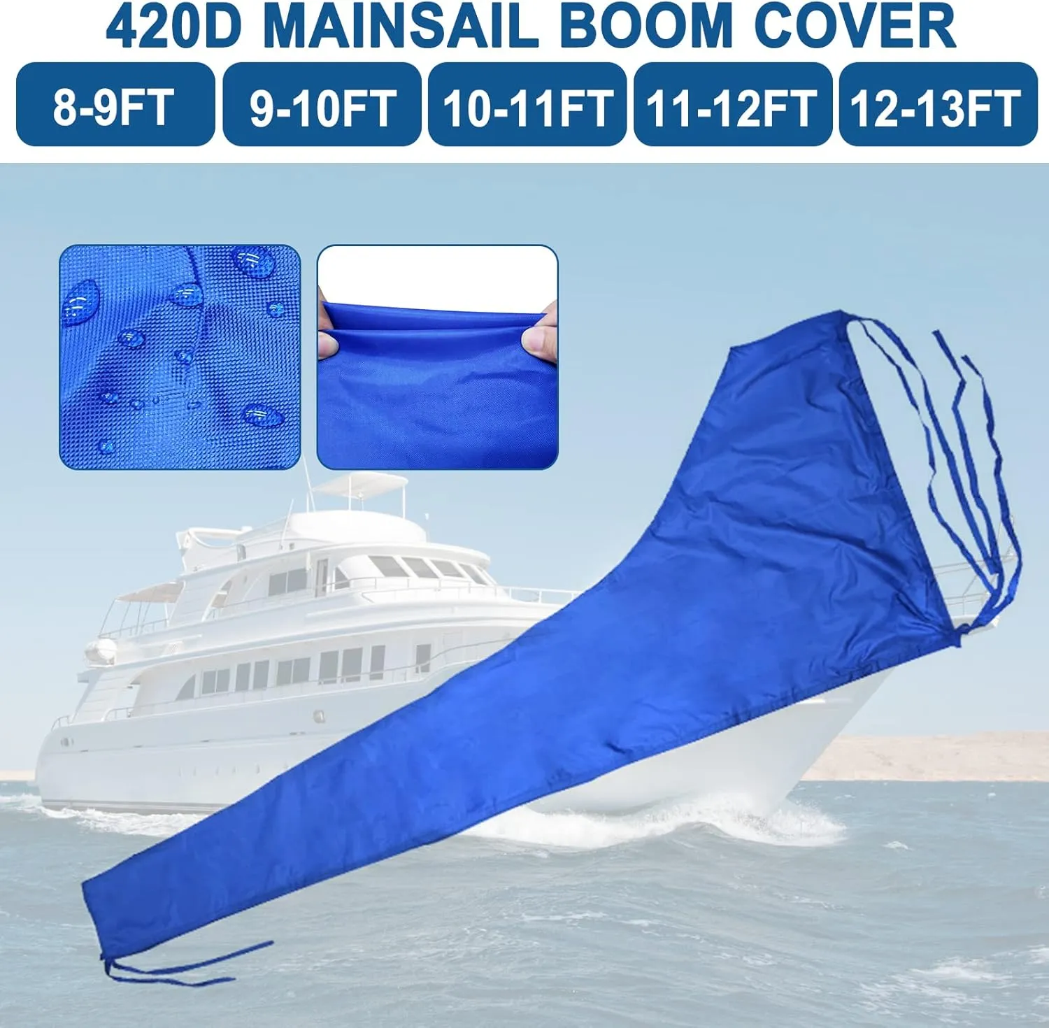 Boat Sail Cover Waterproof, Dustproof Thicken 420D Oxford Fabric Boom Mainsail Cover Boat Cover Sailboat Cover Anti UV Anti Wind Sunshade Cover Sail Boat Accessories (8-9Ft)