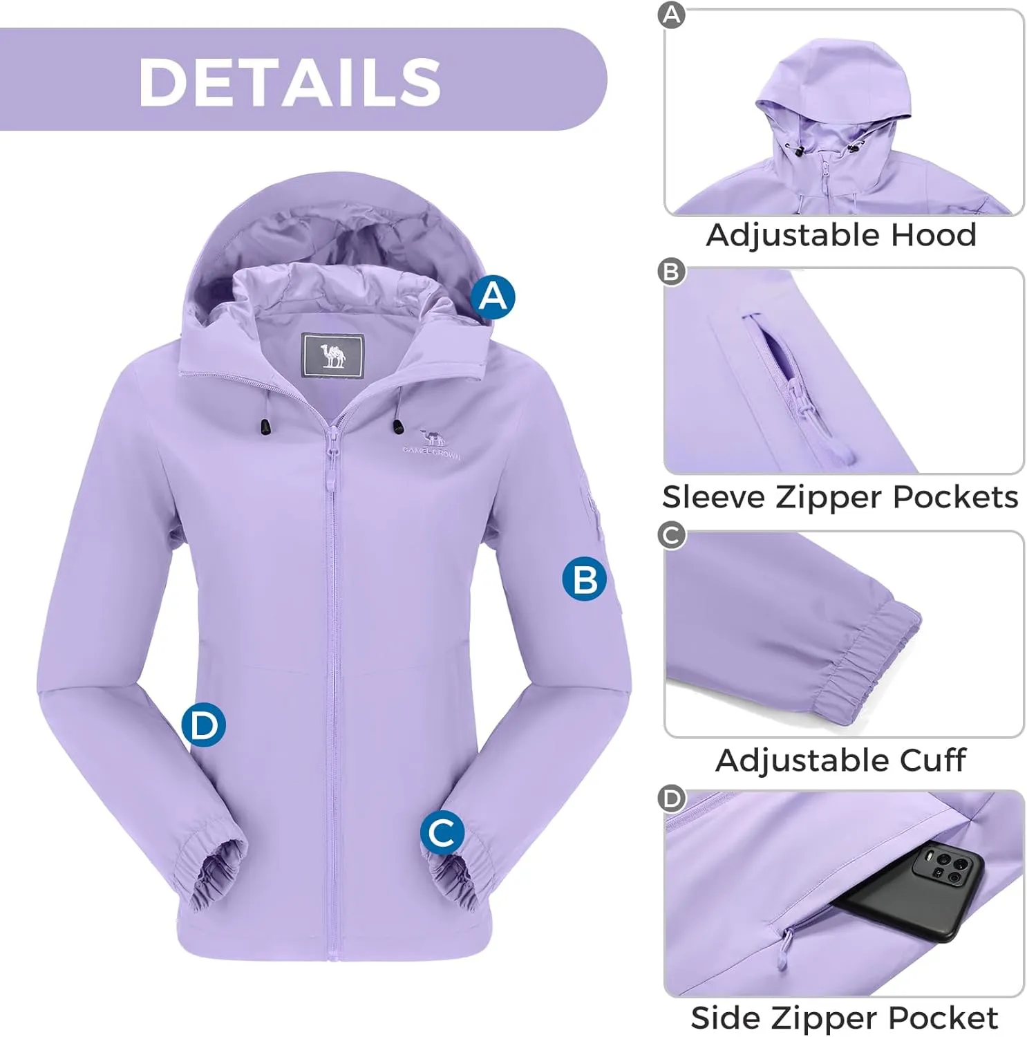 CAMELSPORTS Women's Rain Jacket Lightweight Windbreaker Hooded Raincoat Windproof Coat Shell for Outdoor Hiking