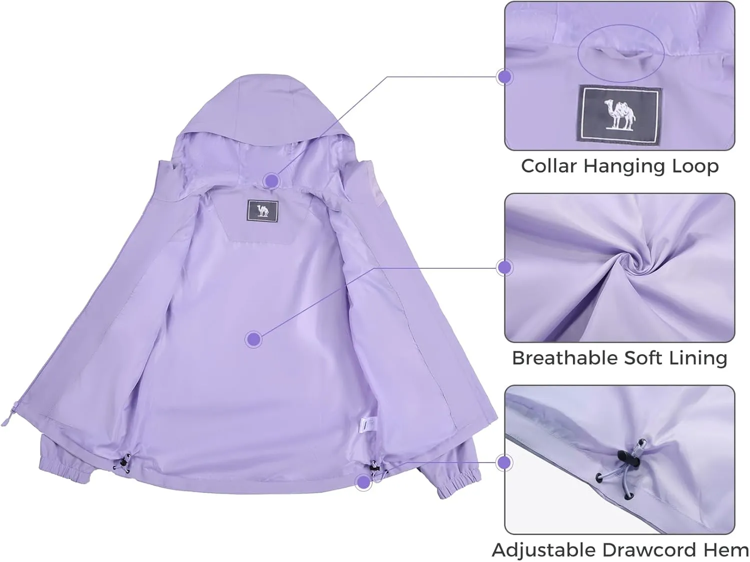 CAMELSPORTS Women's Rain Jacket Lightweight Windbreaker Hooded Raincoat Windproof Coat Shell for Outdoor Hiking