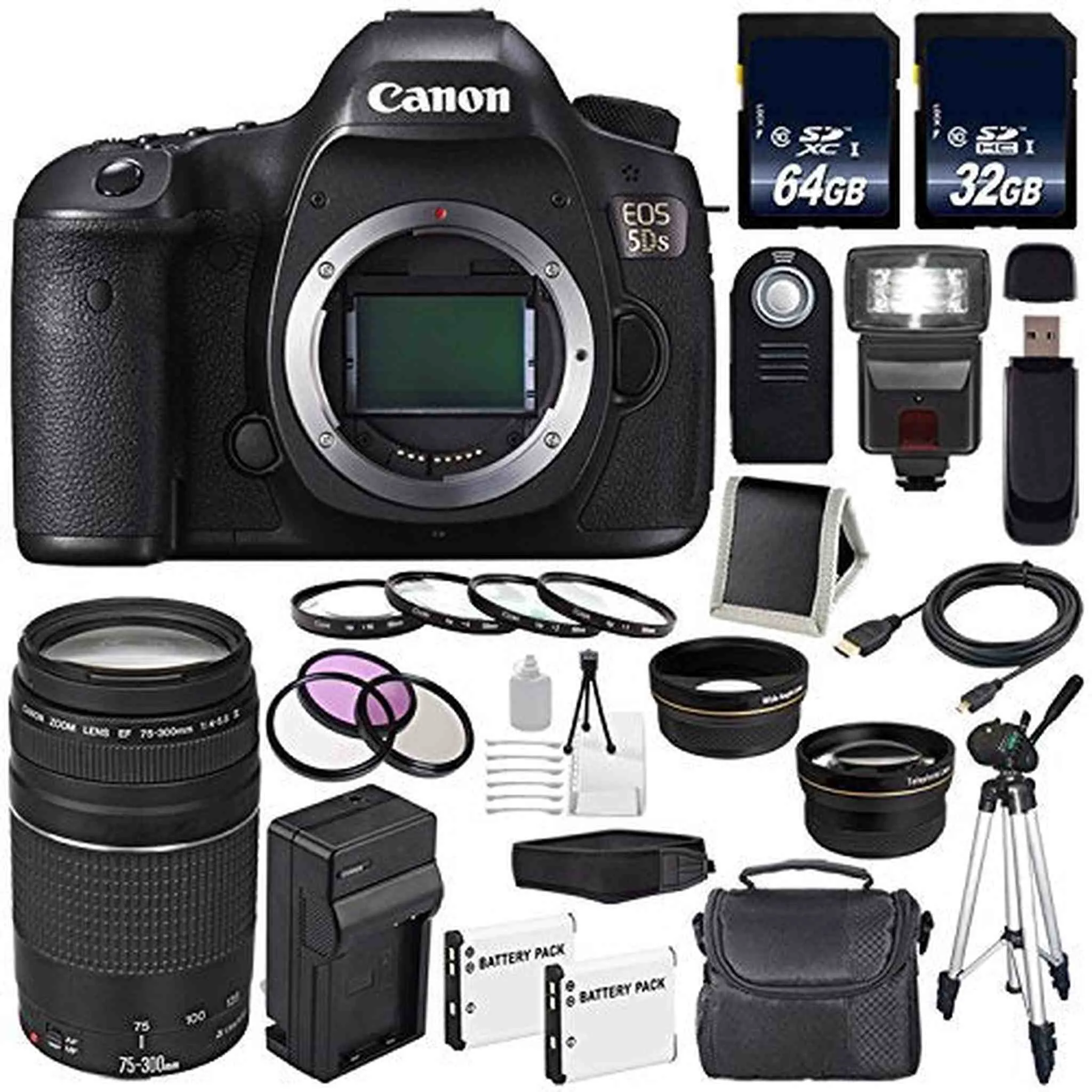 Canon EOS 5DS DSLR Camera (International Model) 0581C002   Canon EF 75-300 III  LP-E6 Replacement Battery   Charger   64
