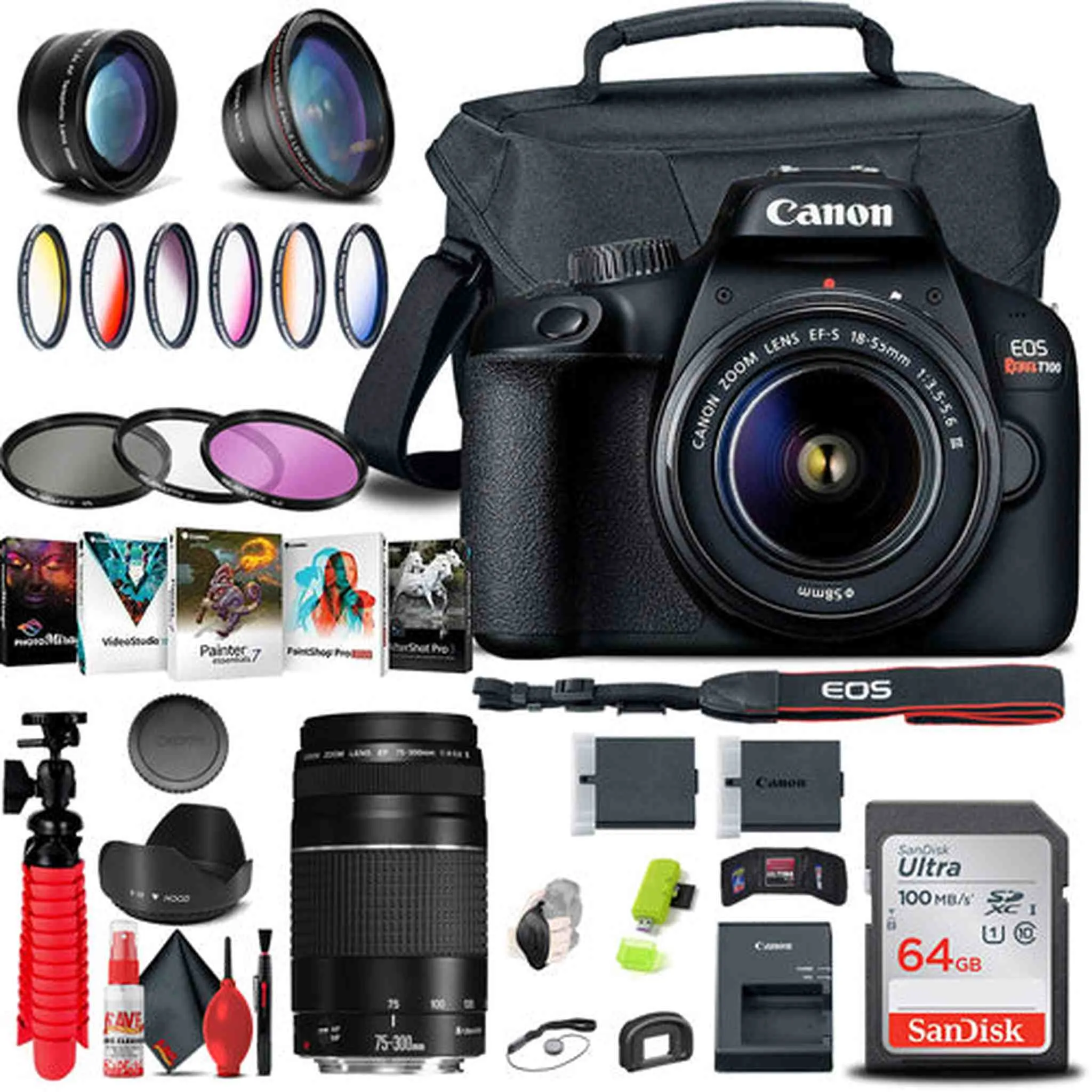 Canon EOS Rebel T100 / 4000D DSLR Camera with 18-55mm Lens   EF 75-300mm tripod bundle