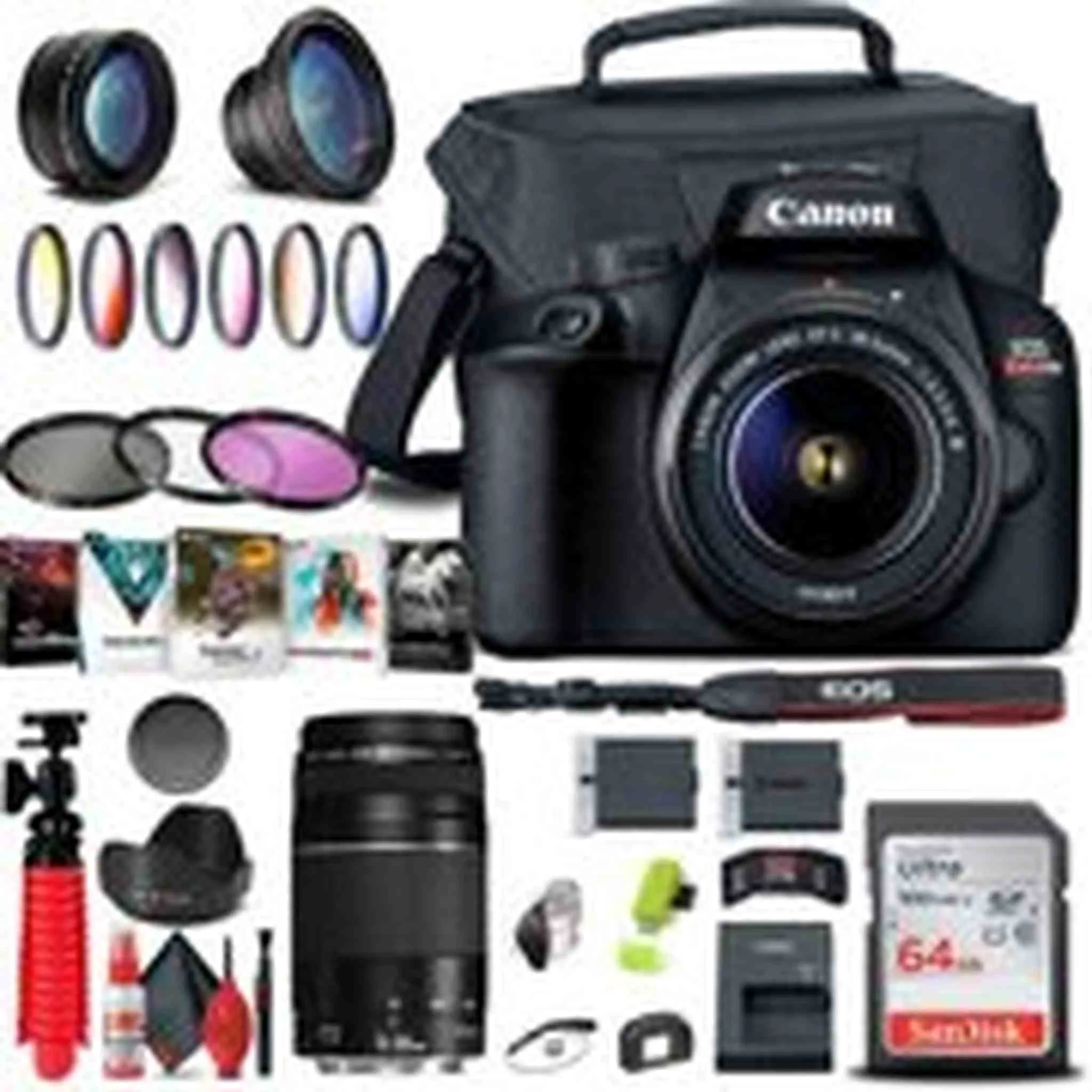Canon EOS Rebel T100 / 4000D DSLR Camera with 18-55mm Lens   EF 75-300mm tripod bundle