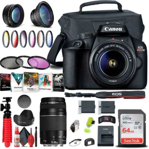 Canon EOS Rebel T100 / 4000D DSLR Camera with 18-55mm Lens   EF 75-300mm tripod bundle