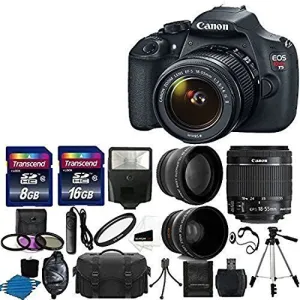Canon EOS Rebel T5 DSLR Digital Camera & EF-S 18-55mm f/3.5-5.6 IS Lens   2x telephoto Lens   58mm Wide Angle Lens   Flash   59-Inch Tripod   UV Filter Kit   24GB SDHC card   Accessory Bundle