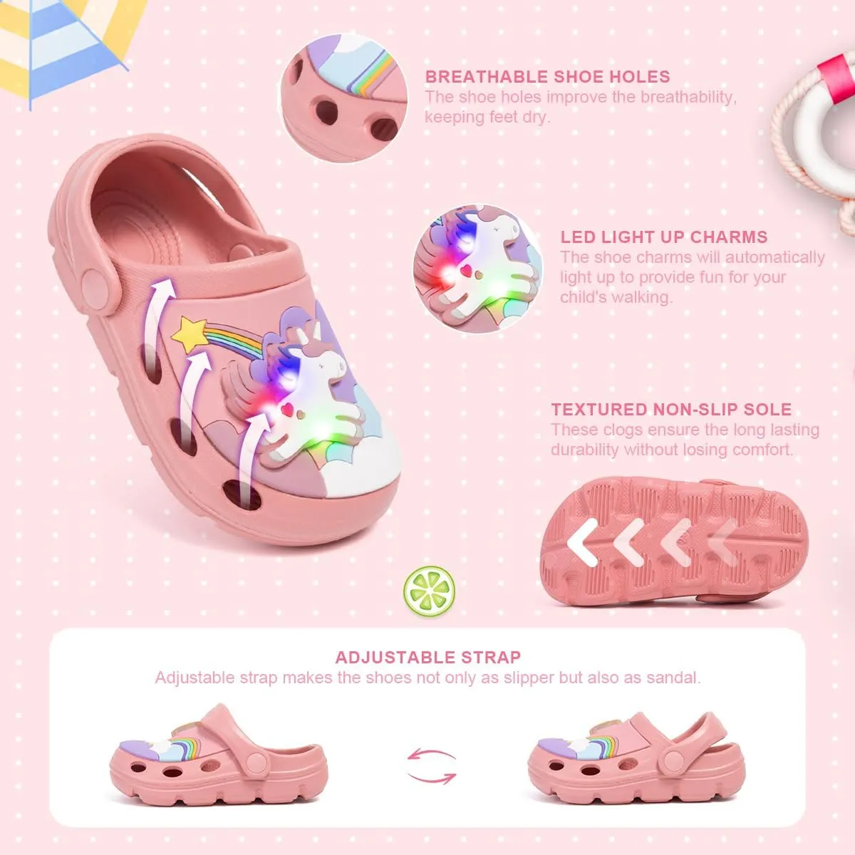 Casazoe Toddler Kids Boys Girls LED Garden Clogs EVA Summer Outdoor Light Up Slip On Shoes Cute Dinosaur Unicorn Water Sandals Lightweight Slipper Slides Beach Pool Play Shoes
