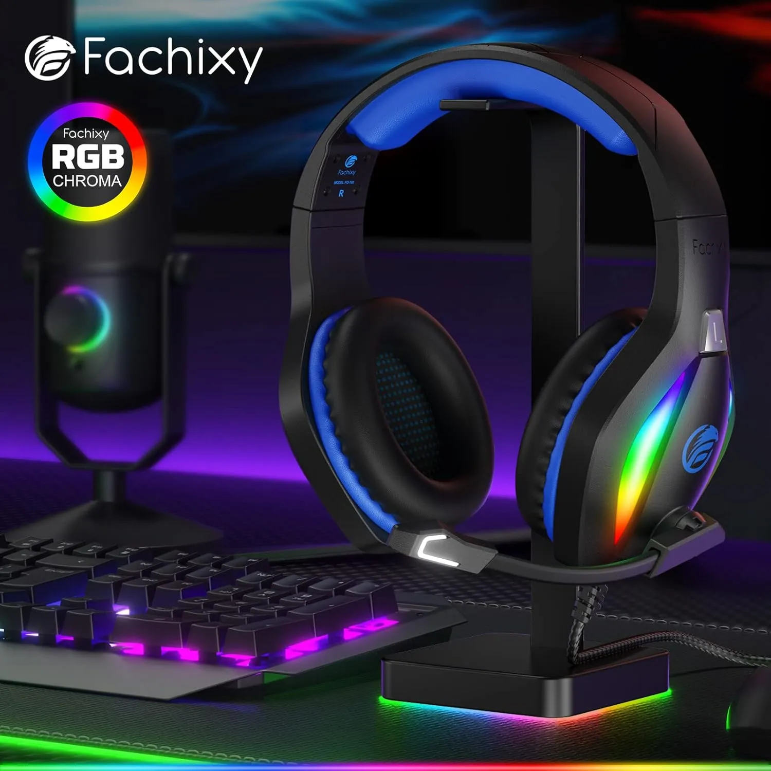 FC100 Gaming Headset with Microphone for PS4, PS5, Switch, Xbox, PC, Mac, Gamer Headset with RGB Light, Computer Headphones with Mic