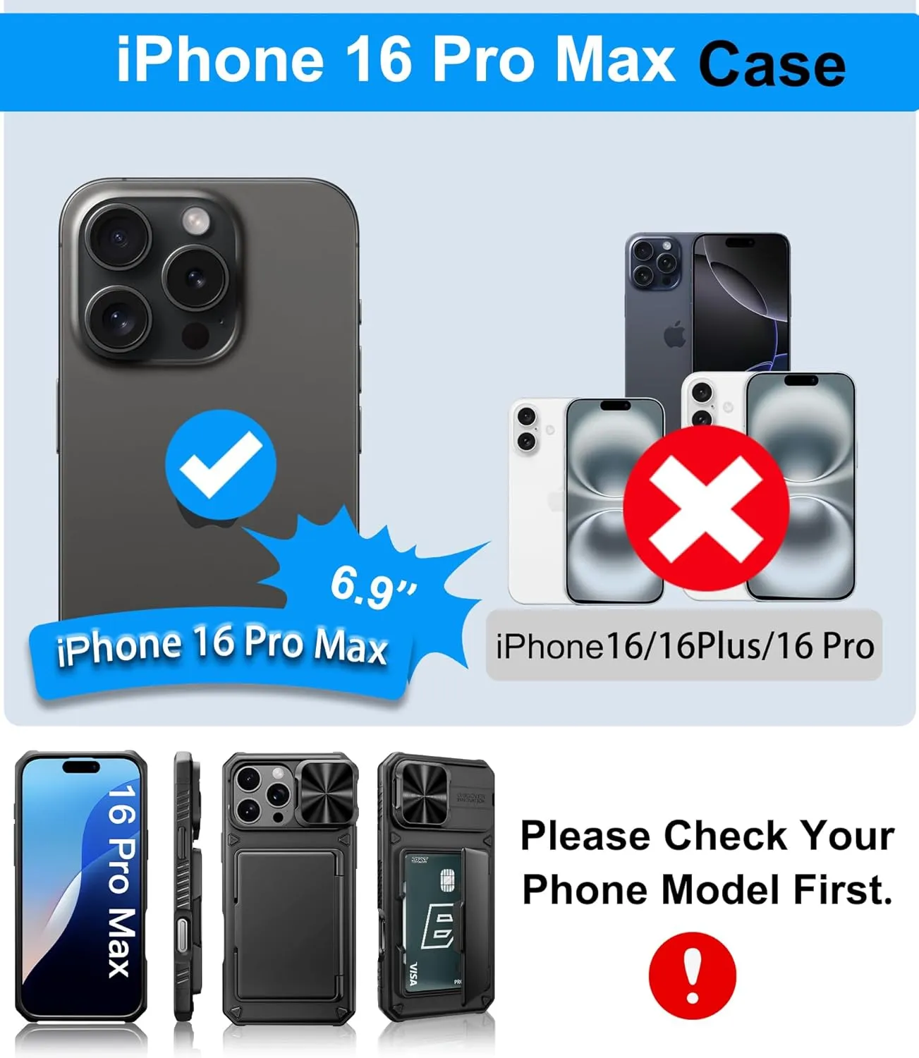 for iPhone 16 Pro Max Case Wallet with Screen Protector (Tempered Glass), Card Holder (4-5 Cards), Slide Camera Cover, Military Grade Drop, Heavy Duty Men Women Case for iPhone 16 Pro Max, Black