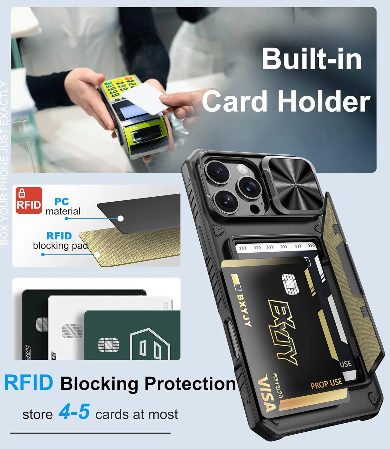for iPhone 16 Pro Max Case Wallet with Screen Protector (Tempered Glass), Card Holder (4-5 Cards), Slide Camera Cover, Military Grade Drop, Heavy Duty Men Women Case for iPhone 16 Pro Max, Black