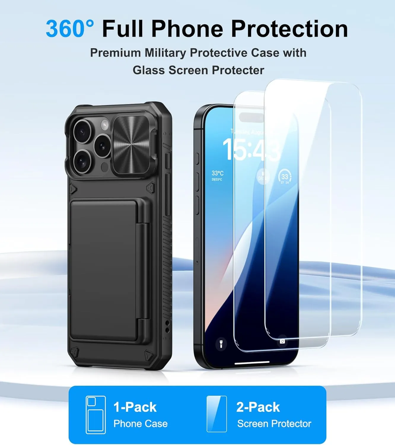 for iPhone 16 Pro Max Case Wallet with Screen Protector (Tempered Glass), Card Holder (4-5 Cards), Slide Camera Cover, Military Grade Drop, Heavy Duty Men Women Case for iPhone 16 Pro Max, Black