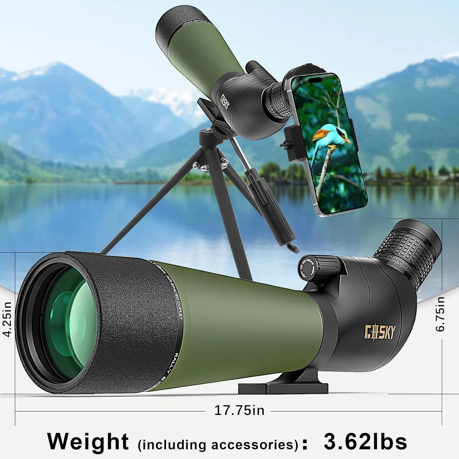 Gosky Updated 20-60x80 Spotting Scopes with Tripod, Carrying Bag and Quick Phone Holder - BAK4 High Definition Waterproof Spotter Scope for Bird Watching Wildlife Scenery1,Green