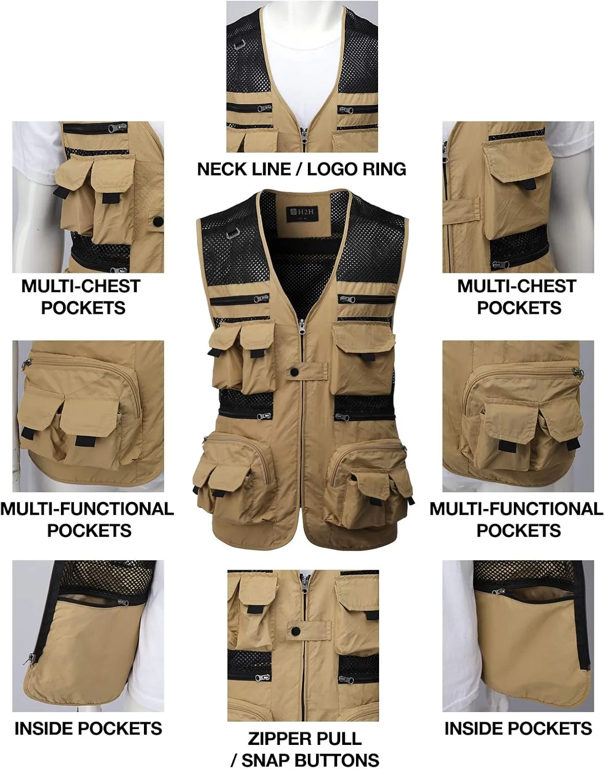 H2H Men's Active Wear Outdoor Vests Work Safari Fishing Travel Utility Summer Vest
