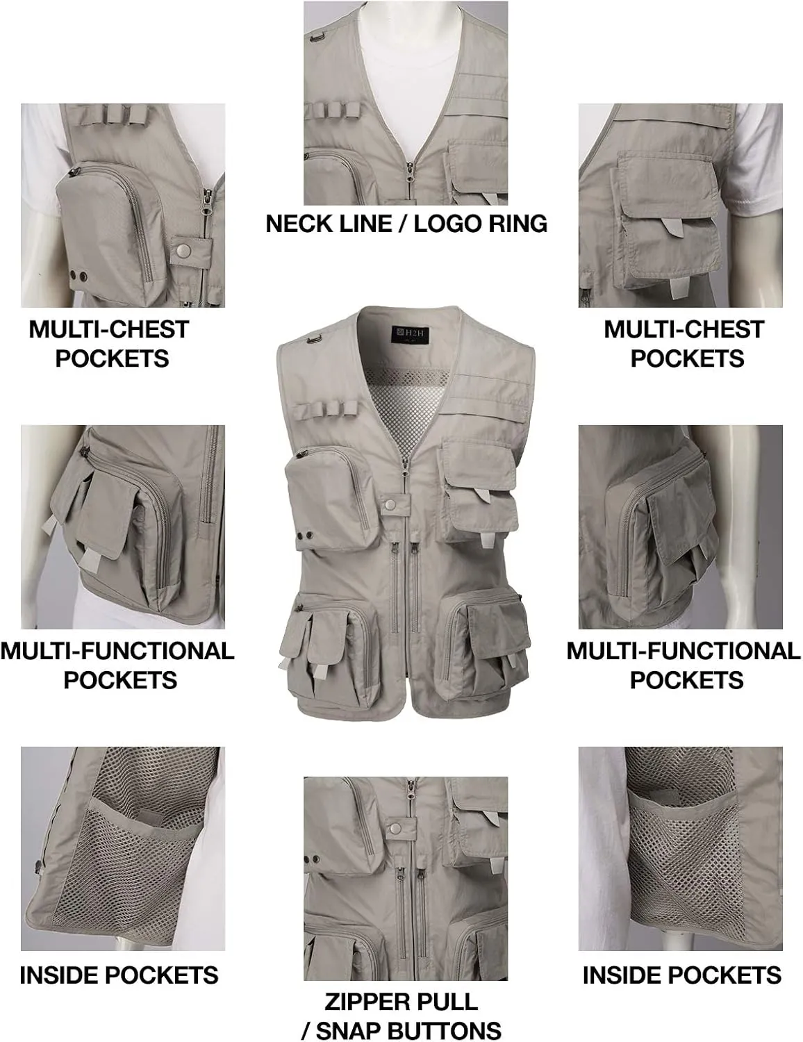 H2H Men's Active Wear Outdoor Vests Work Safari Fishing Travel Utility Summer Vest
