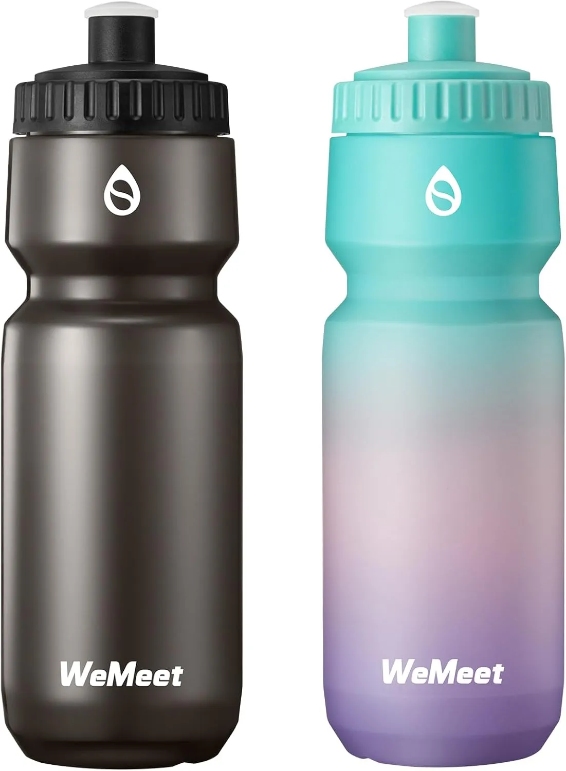 Lightweight Bike Water Bottle 24oz, BPA Free, Cycling Squeeze Bottle, Leak Proof Sport Water Bottle with Capacity Scale, for Cycling, Gym (Black & Green Pink Purple, 2 Pack)