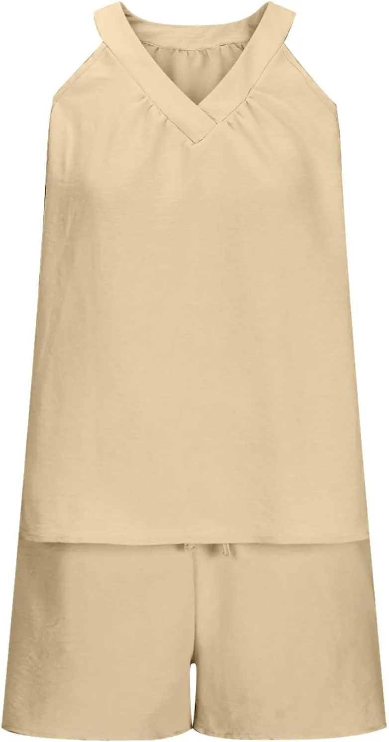 Linen Short Sets Women 2 Piece Outfits Vacation V Neck Halter Top Drawstring Shorts Lightweight Summer Matching Sets