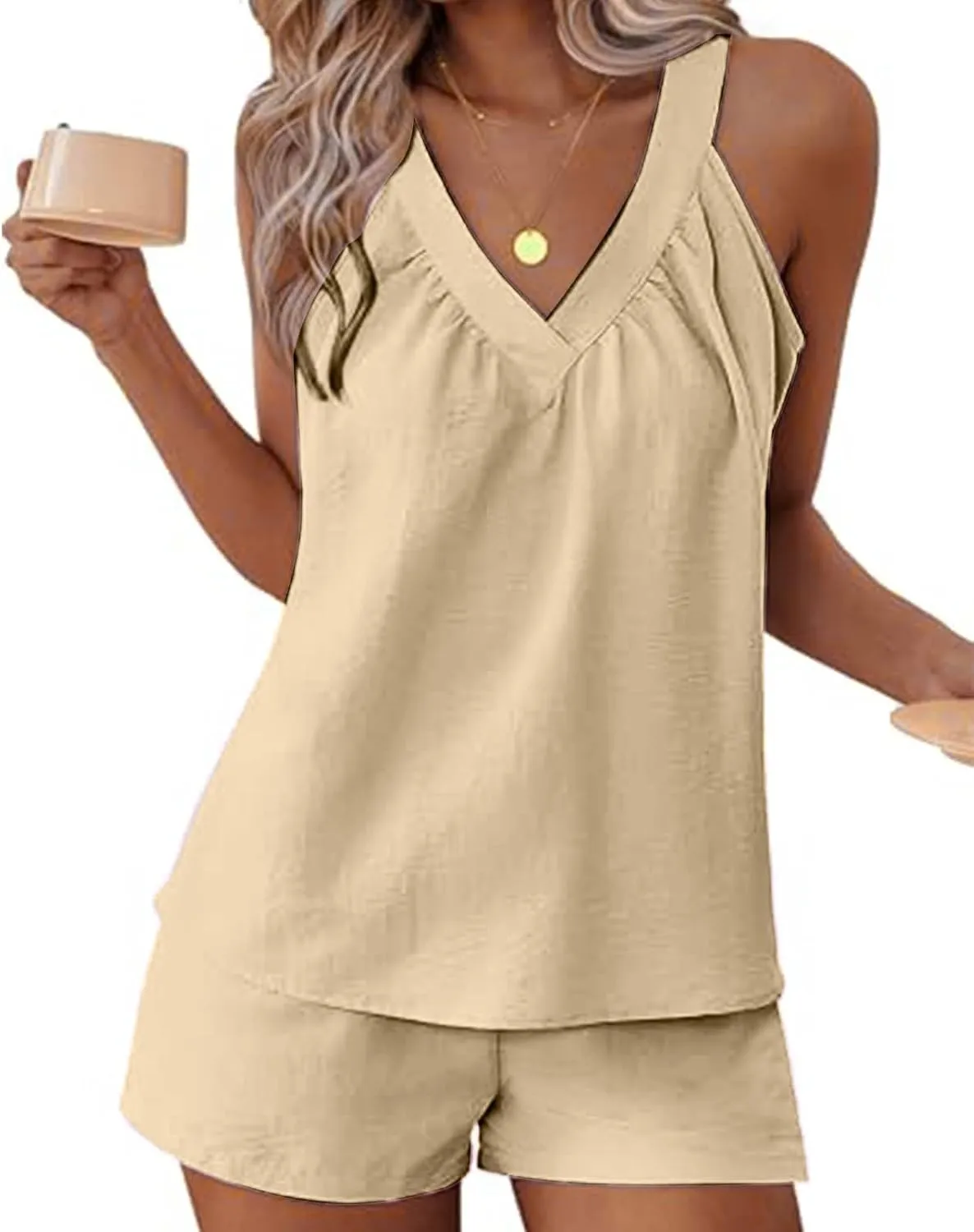 Linen Short Sets Women 2 Piece Outfits Vacation V Neck Halter Top Drawstring Shorts Lightweight Summer Matching Sets