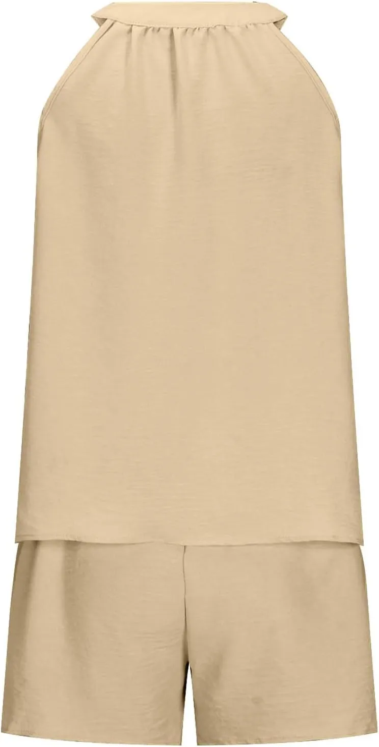 Linen Short Sets Women 2 Piece Outfits Vacation V Neck Halter Top Drawstring Shorts Lightweight Summer Matching Sets