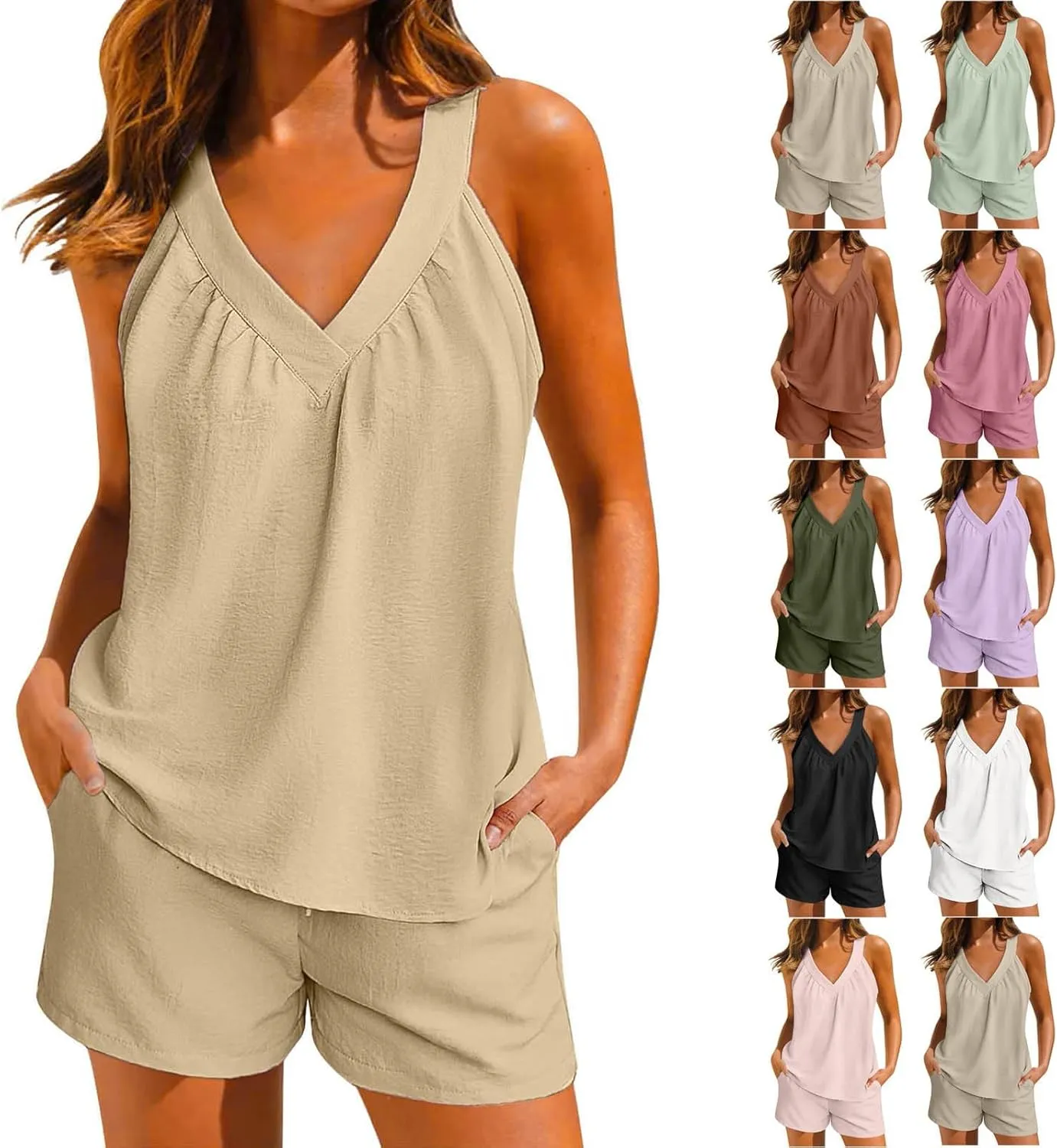 Linen Short Sets Women 2 Piece Outfits Vacation V Neck Halter Top Drawstring Shorts Lightweight Summer Matching Sets