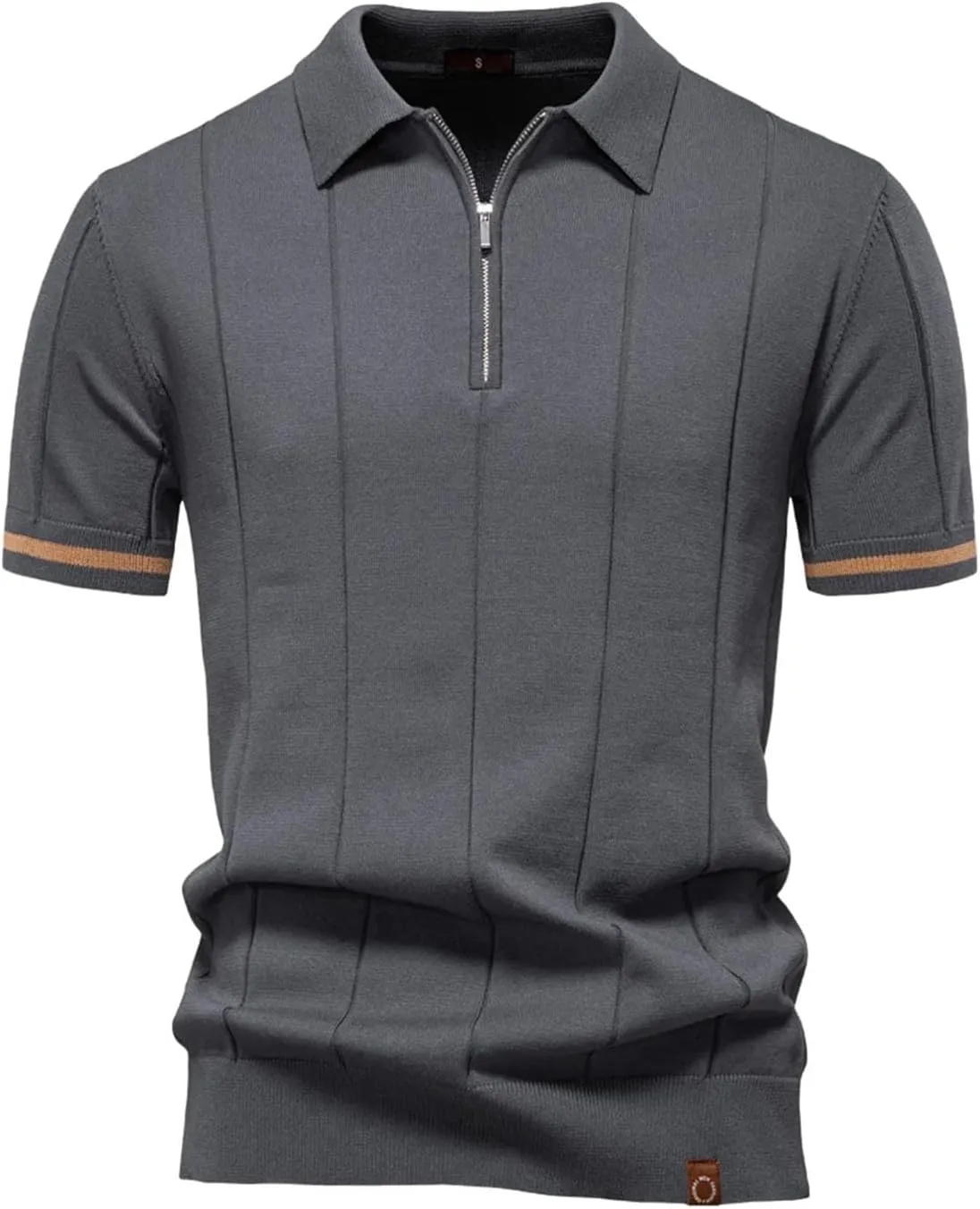 Men's Breathable Solid Color Sport Zipper Polo Shirt Athletic Social T Shirts Office Slim Fit