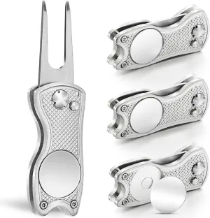 Mile High Life Golf Divot Repair Tool, All Metal Foldable Divot Tool with Pop-up Button & Magnetic Ball Marker, 2-6 Pack