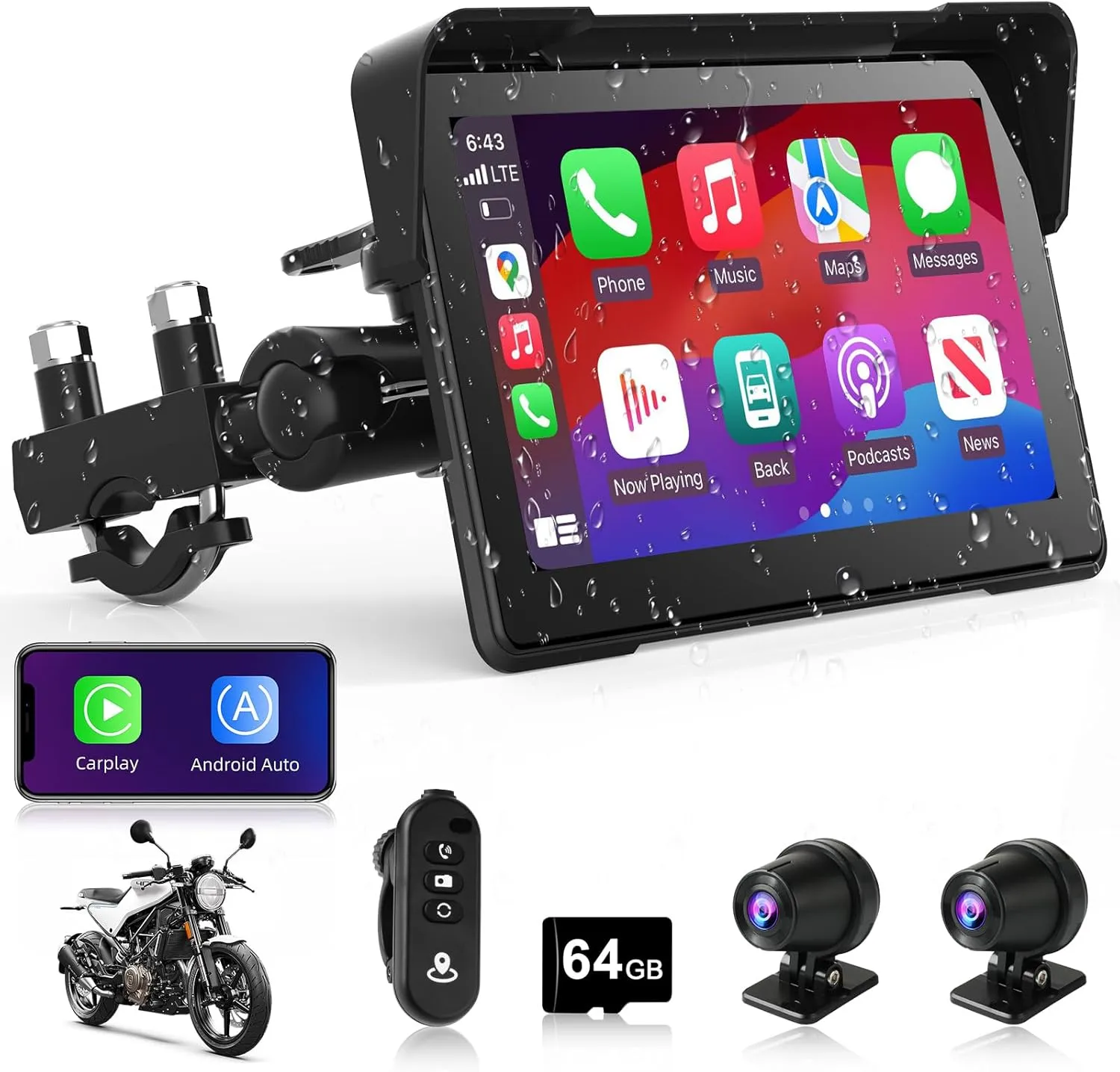 Motorcycle CarPlay & Android Auto 7 inch Motorcycle DVR Wireless Carplay Screen for Moto with Dual 2K Cameras GPS Navigation for Motorbike, Remote Control, Voice Control, Bluetooth, TF-64G