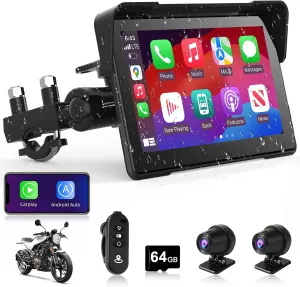 Motorcycle CarPlay & Android Auto 7 inch Motorcycle DVR Wireless Carplay Screen for Moto with Dual 2K Cameras GPS Navigation for Motorbike, Remote Control, Voice Control, Bluetooth, TF-64G