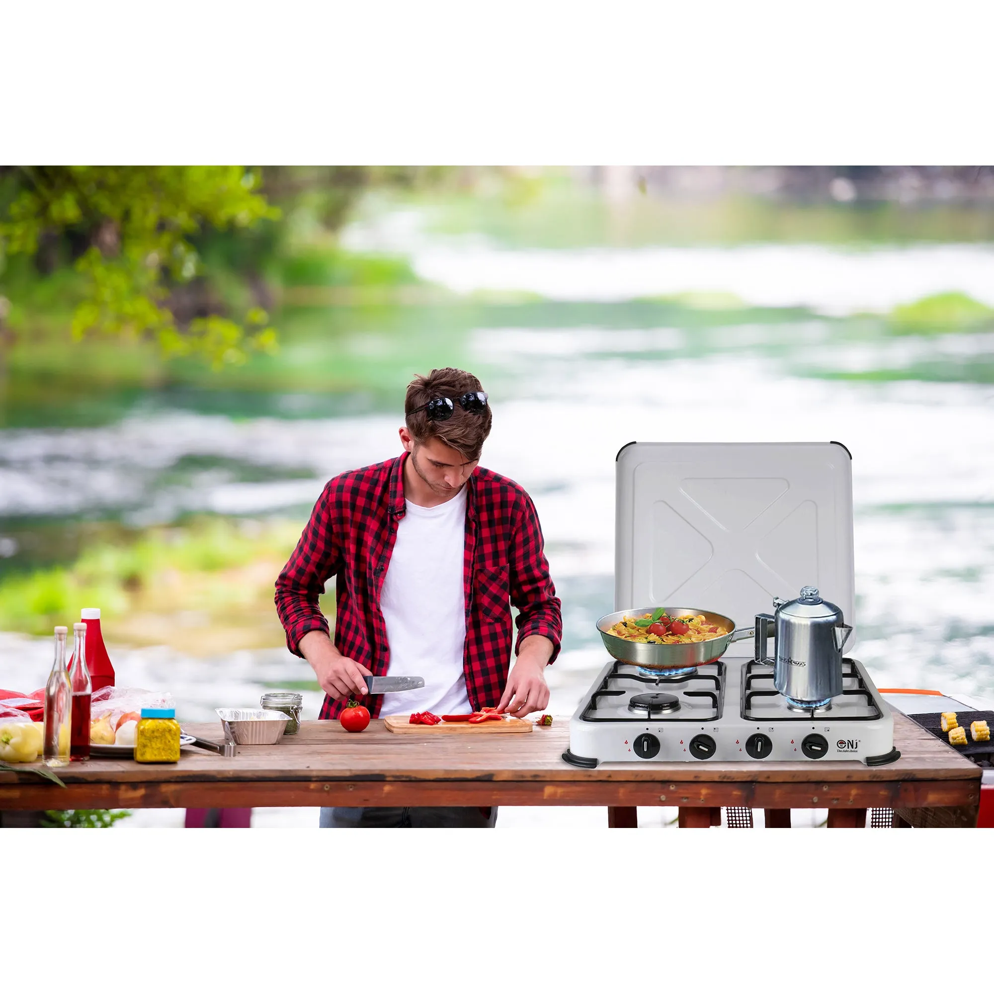 NJ-04 Camping Gas Stove 4 Burner Enamel Lid Outdoor