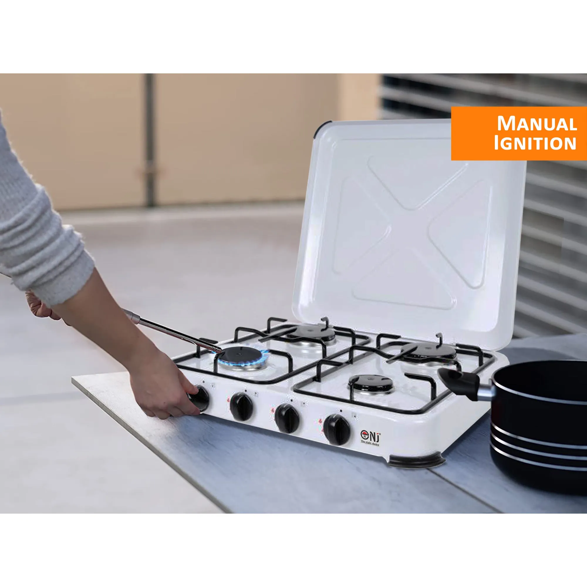 NJ-04 Camping Gas Stove 4 Burner Enamel Lid Outdoor