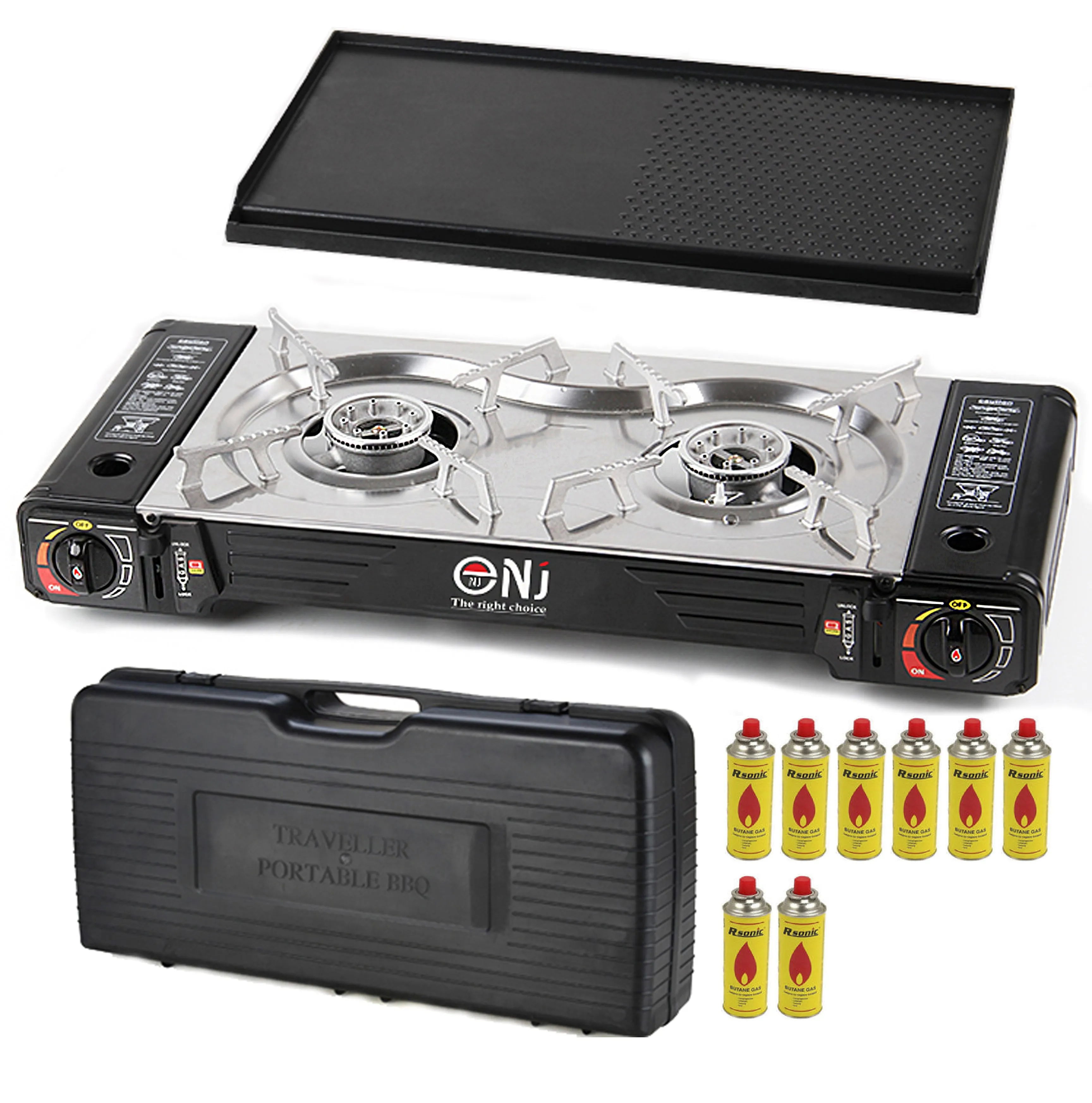 NJ SG-2 Double Burner Stainless Steel Camp Gas Stove Grill Plate Portable Cooker Butane BBQ Outdoor