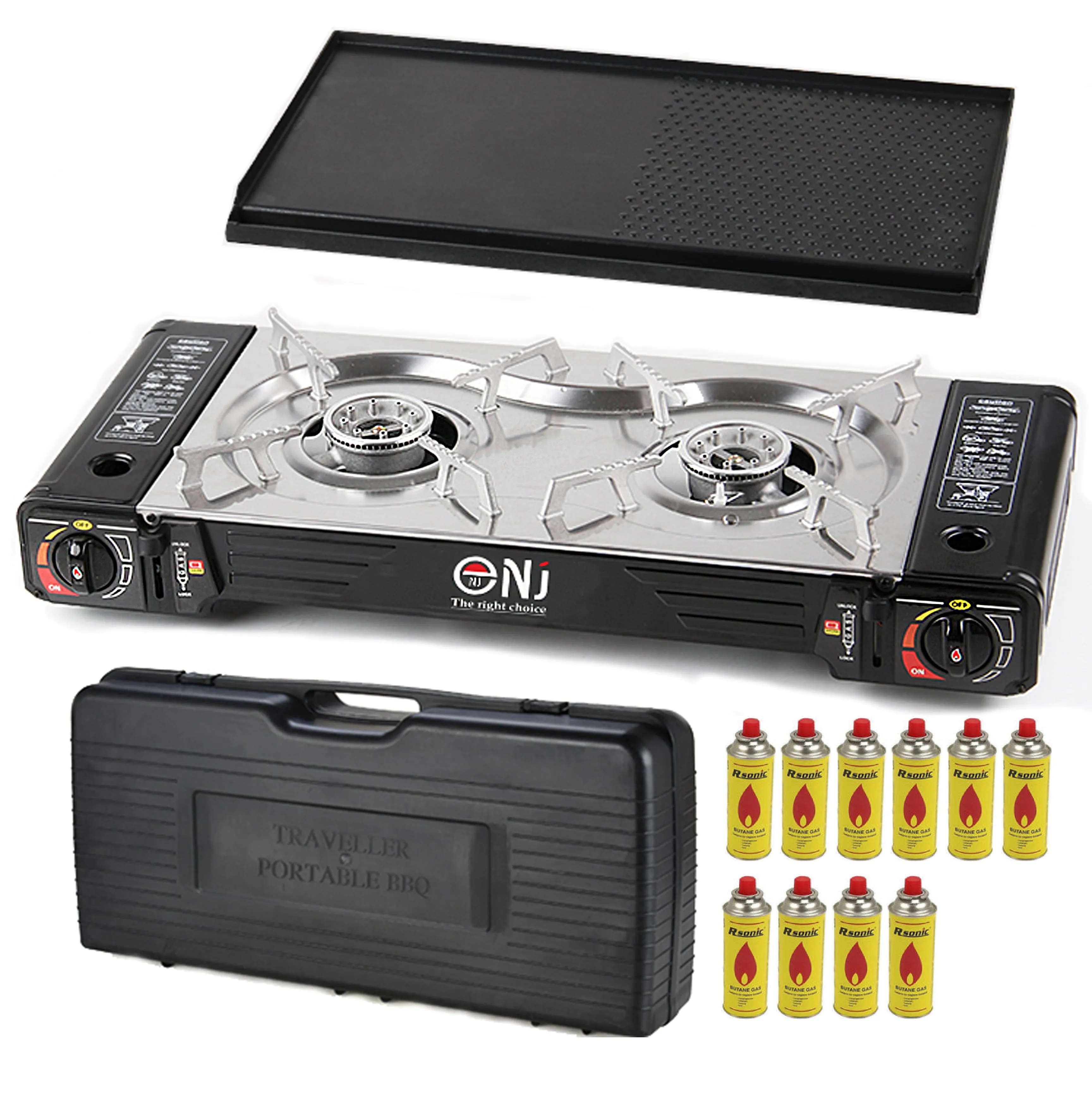 NJ SG-2 Double Burner Stainless Steel Camp Gas Stove Grill Plate Portable Cooker Butane BBQ Outdoor