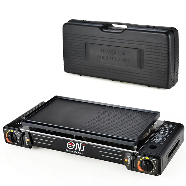 NJ SG-2 Double Burner Stainless Steel Camp Gas Stove Grill Plate Portable Cooker Butane BBQ Outdoor