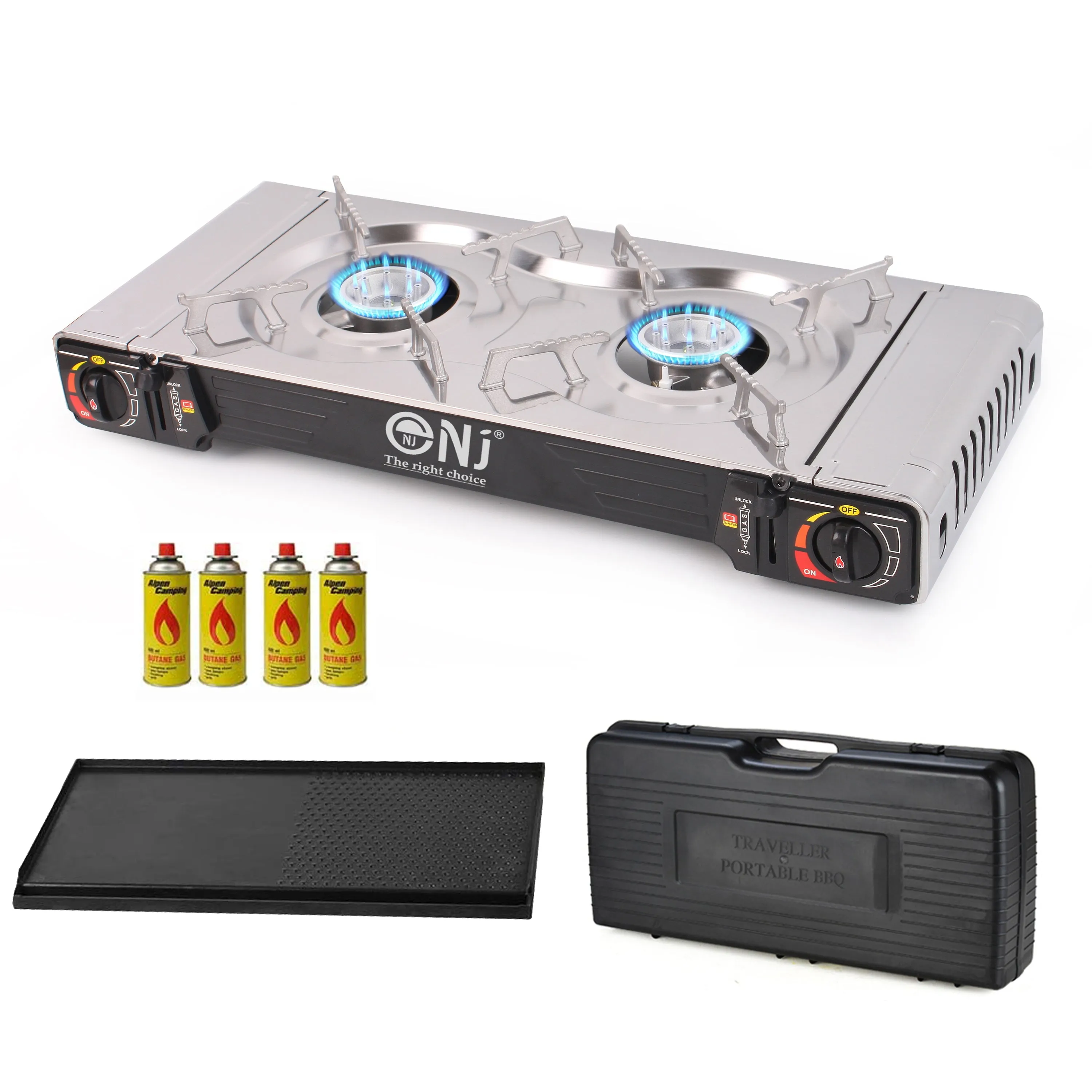 NJ SG-2 Double Burner Stainless Steel Camp Gas Stove Grill Plate Portable Cooker Butane BBQ Outdoor