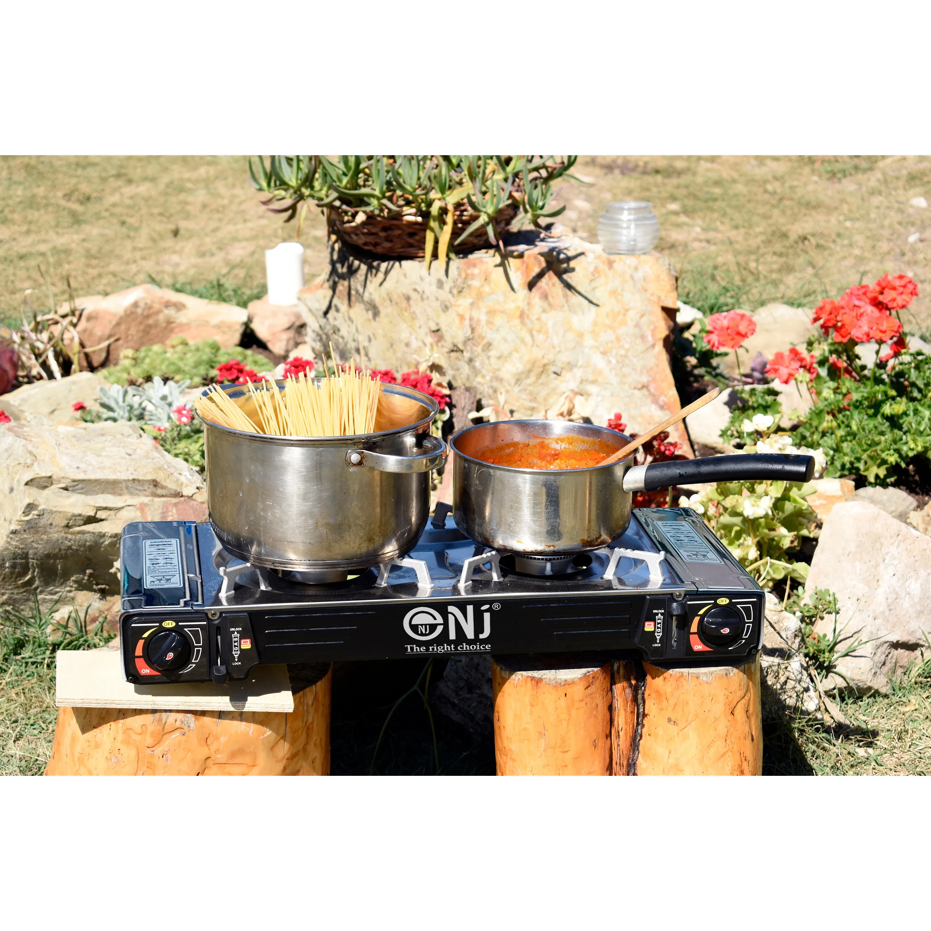 NJ SG-2 Double Burner Stainless Steel Camp Gas Stove Grill Plate Portable Cooker Butane BBQ Outdoor