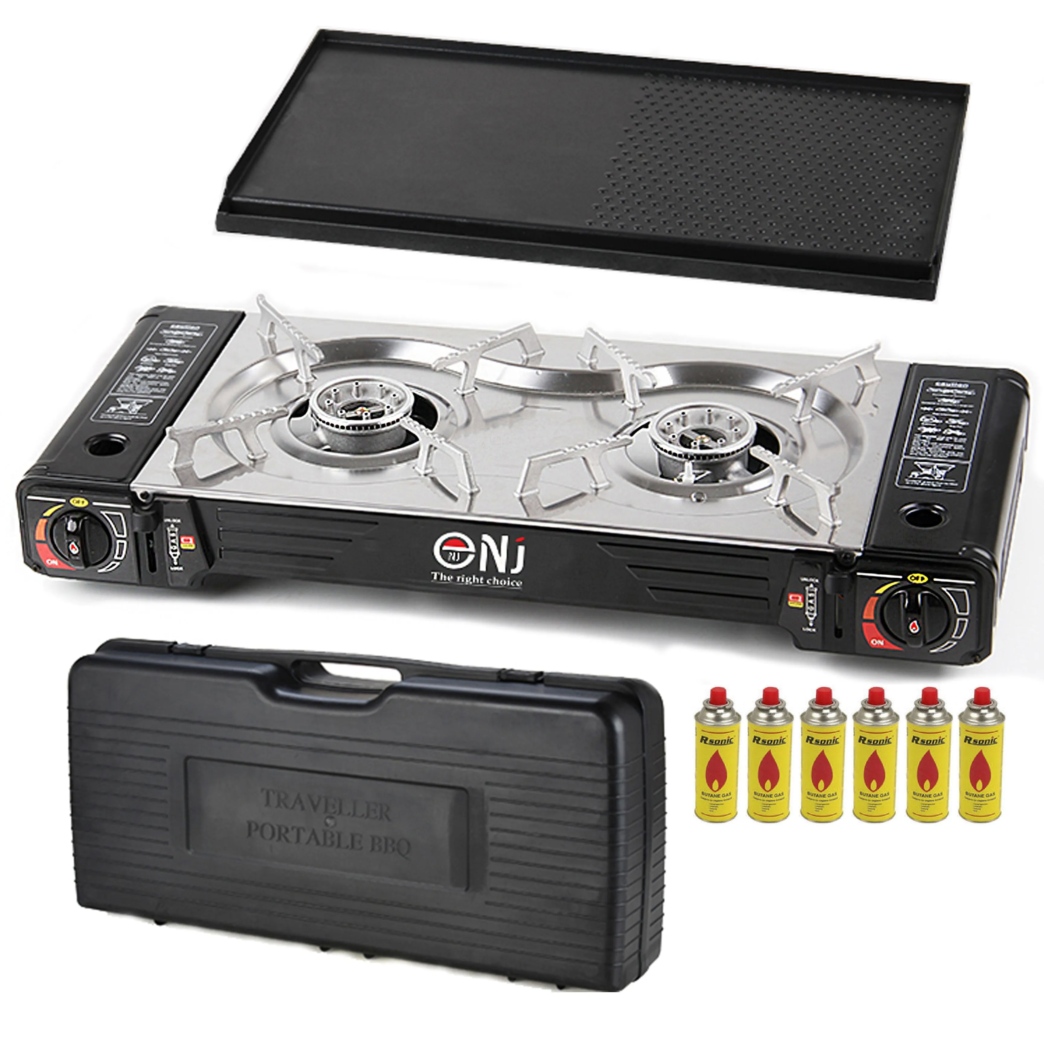 NJ SG-2 Double Burner Stainless Steel Camp Gas Stove Grill Plate Portable Cooker Butane BBQ Outdoor