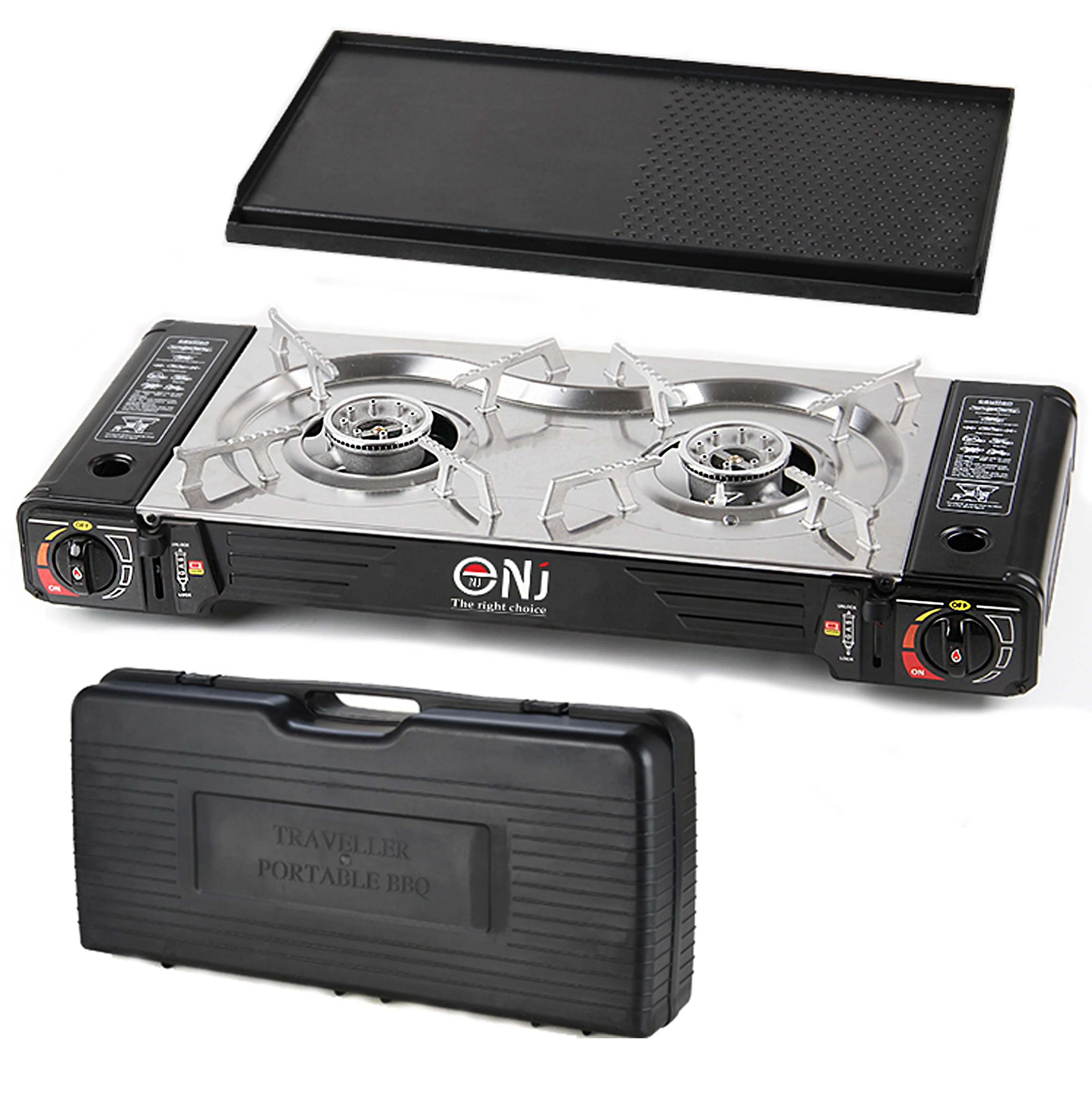 NJ SG-2 Double Burner Stainless Steel Camp Gas Stove Grill Plate Portable Cooker Butane BBQ Outdoor