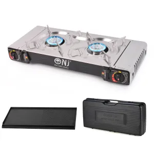 NJ SG-2 Double Burner Stainless Steel Camp Gas Stove Grill Plate Portable Cooker Butane BBQ Outdoor