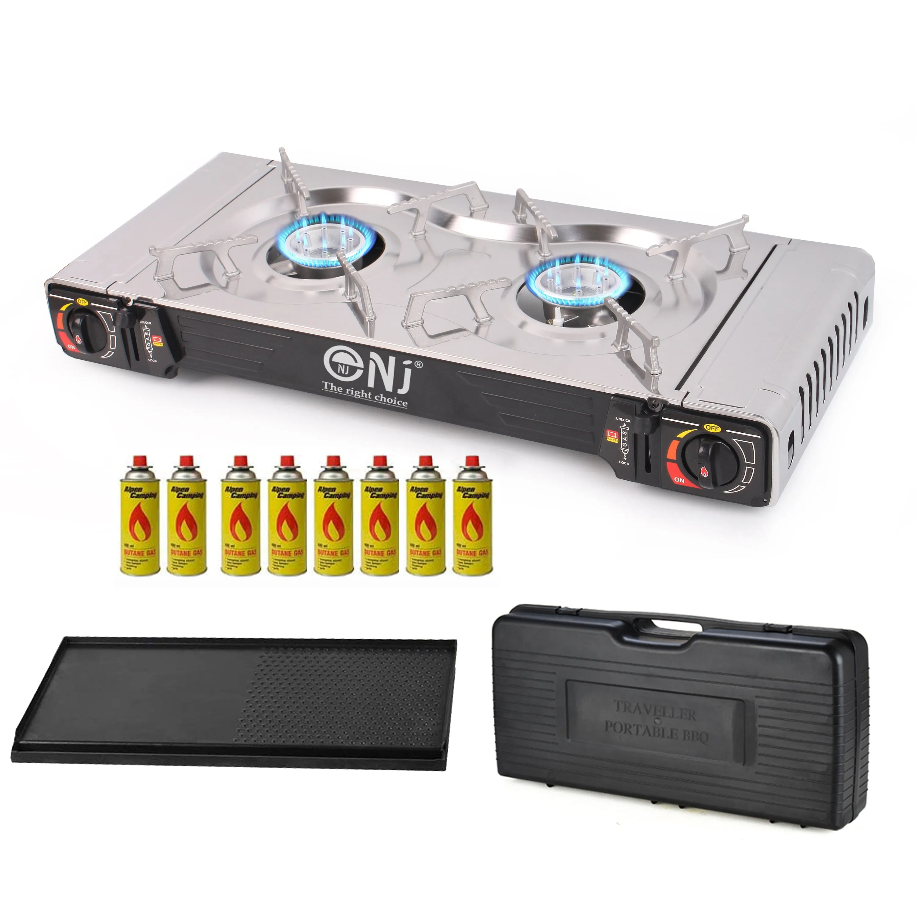 NJ SG-2 Double Burner Stainless Steel Camp Gas Stove Grill Plate Portable Cooker Butane BBQ Outdoor