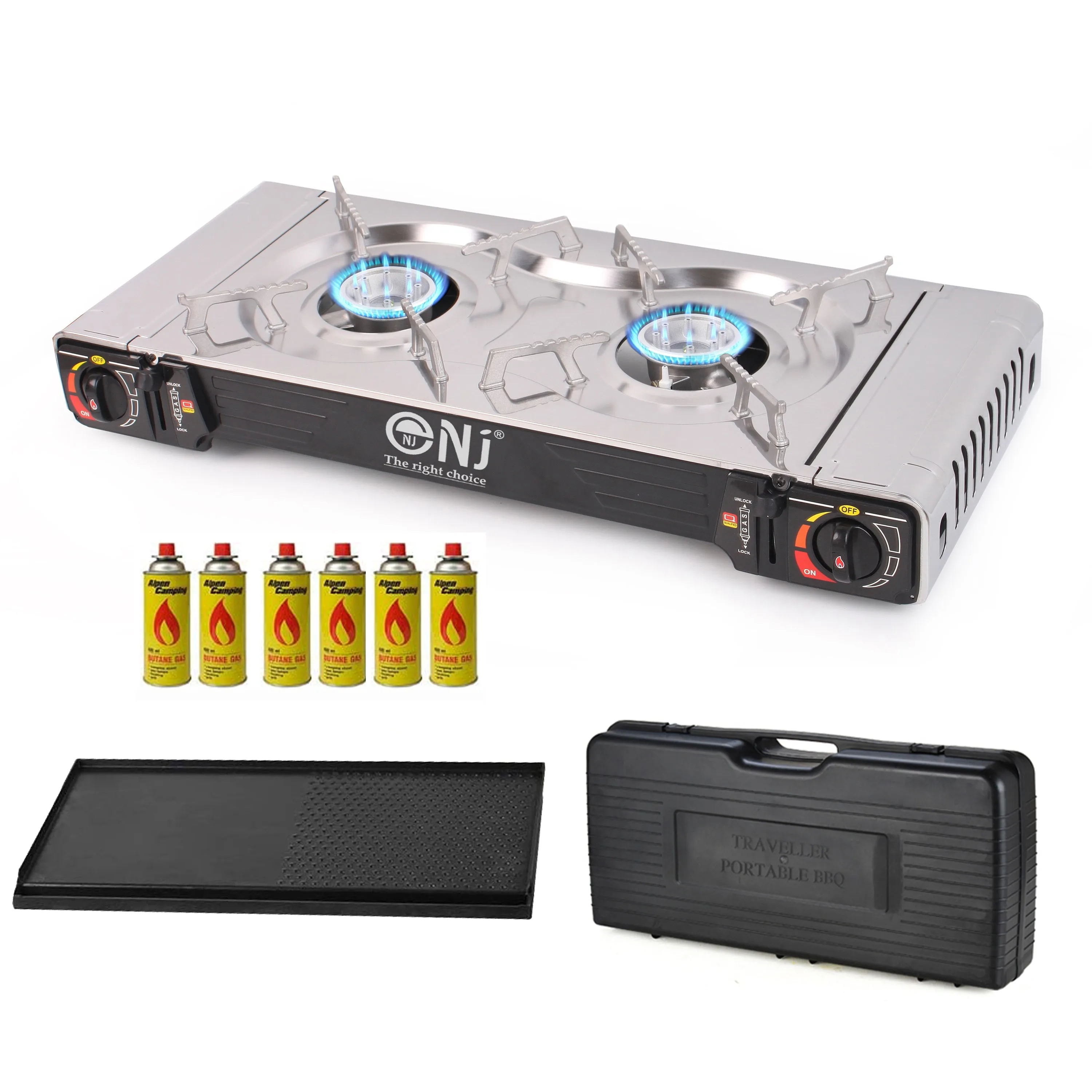 NJ SG-2 Double Burner Stainless Steel Camp Gas Stove Grill Plate Portable Cooker Butane BBQ Outdoor