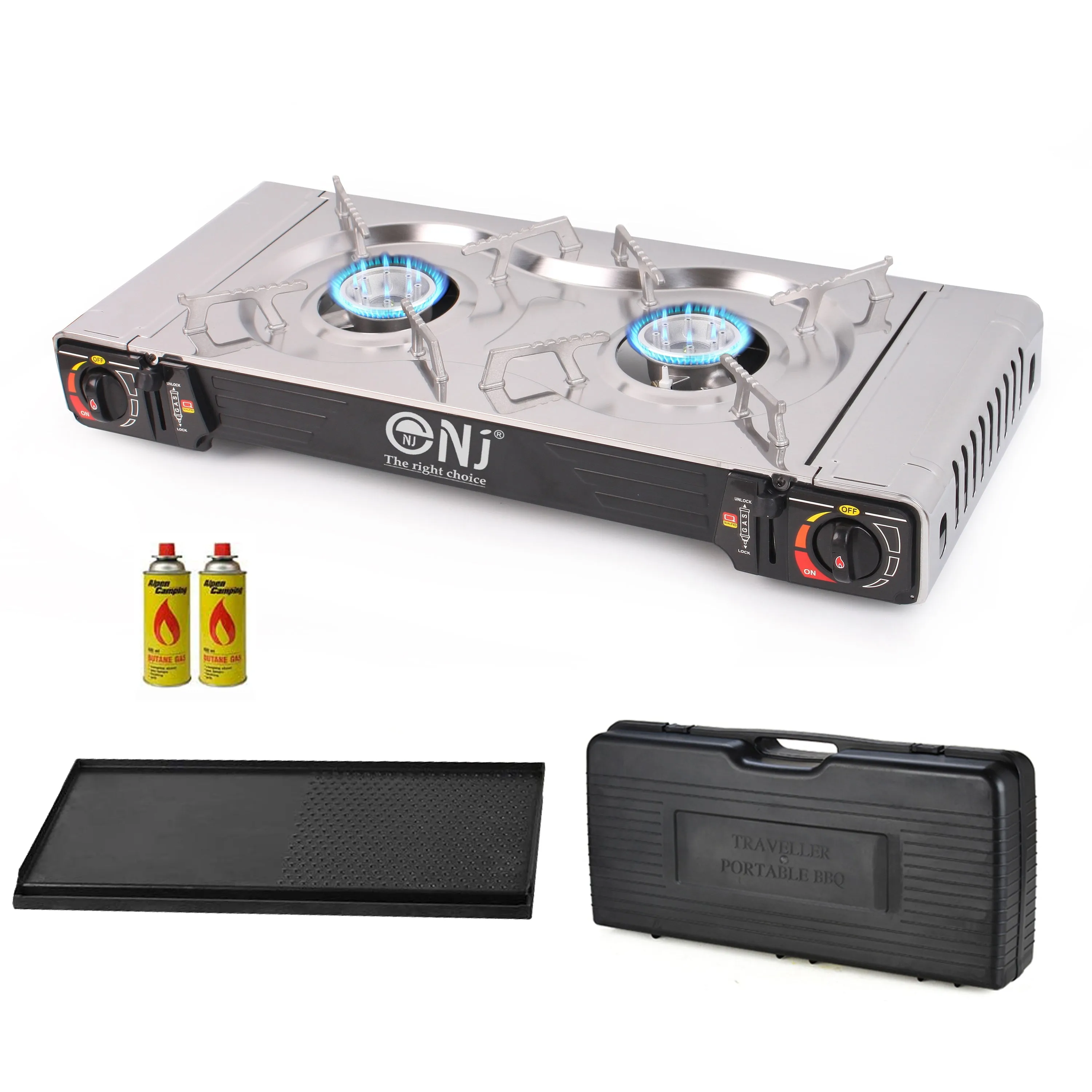NJ SG-2 Double Burner Stainless Steel Camp Gas Stove Grill Plate Portable Cooker Butane BBQ Outdoor